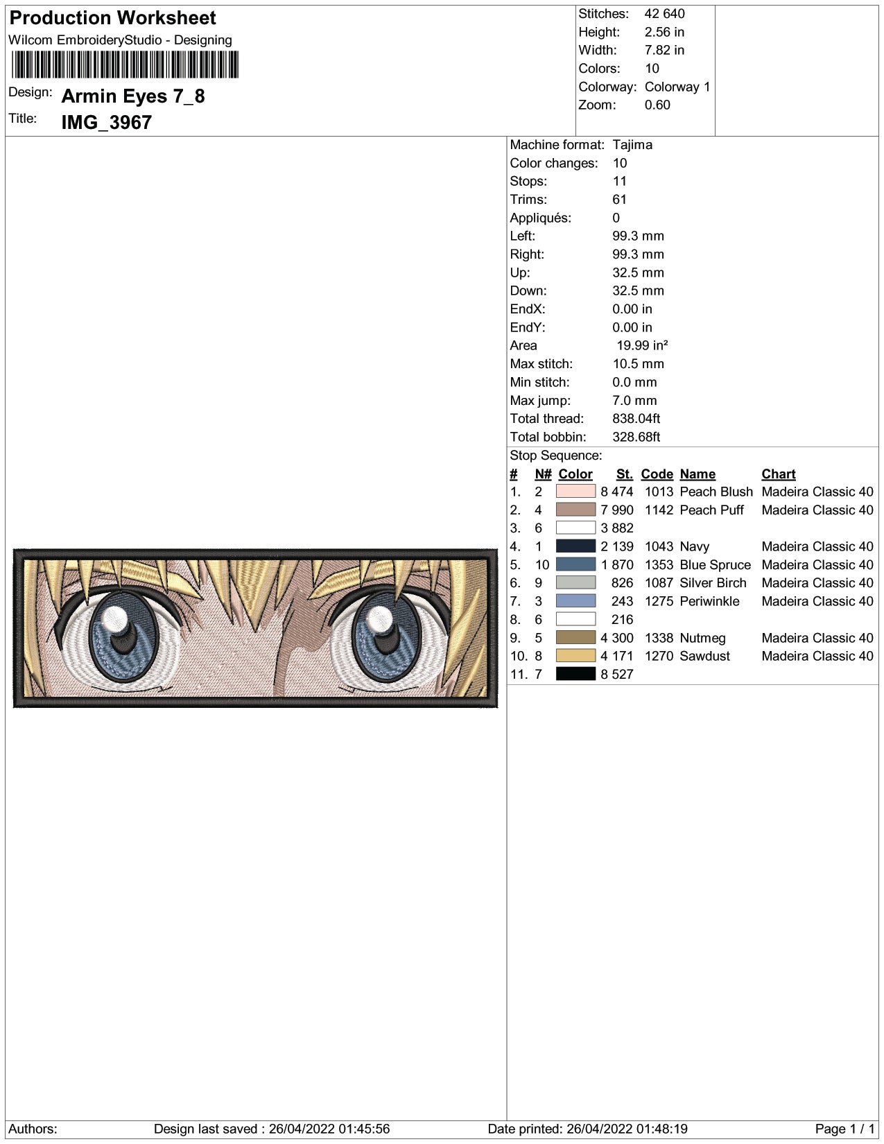 Armin Arlert v2 Embroidery Design Files - 3 Size's