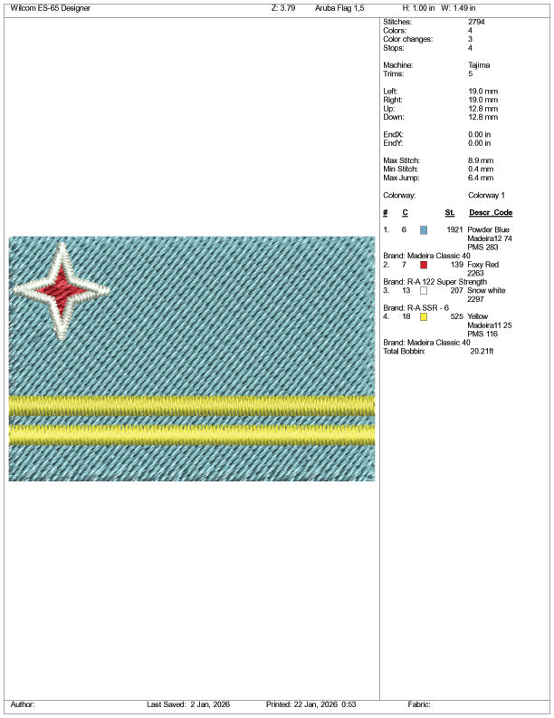 Aruba Flag Embroidery Design Files - 3 Size's