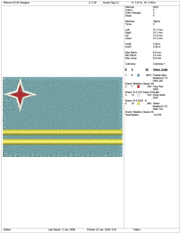 Aruba Flag Embroidery Design Files - 3 Size's