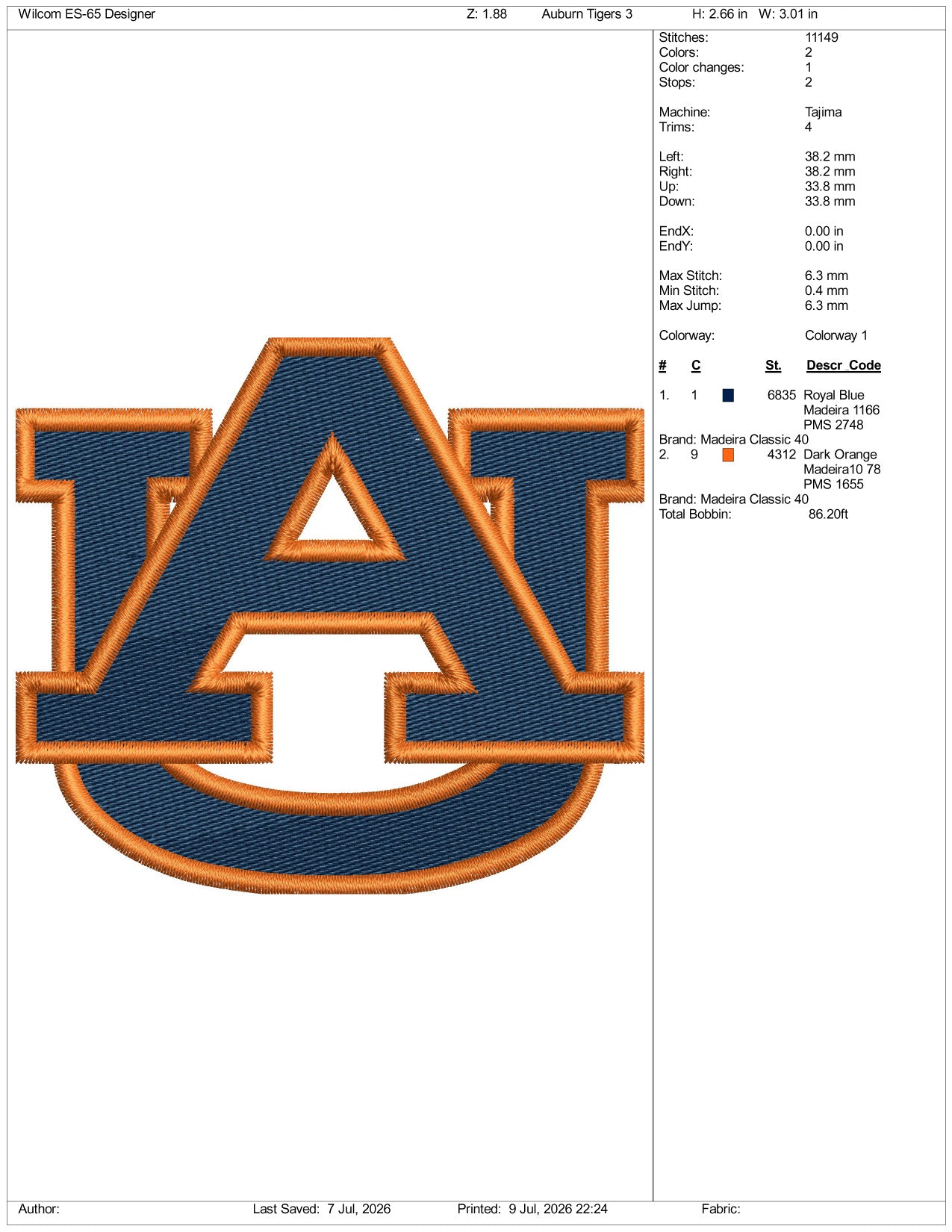 Auburn Tigers Football Logo Embroidery Design Files - 3 Size's