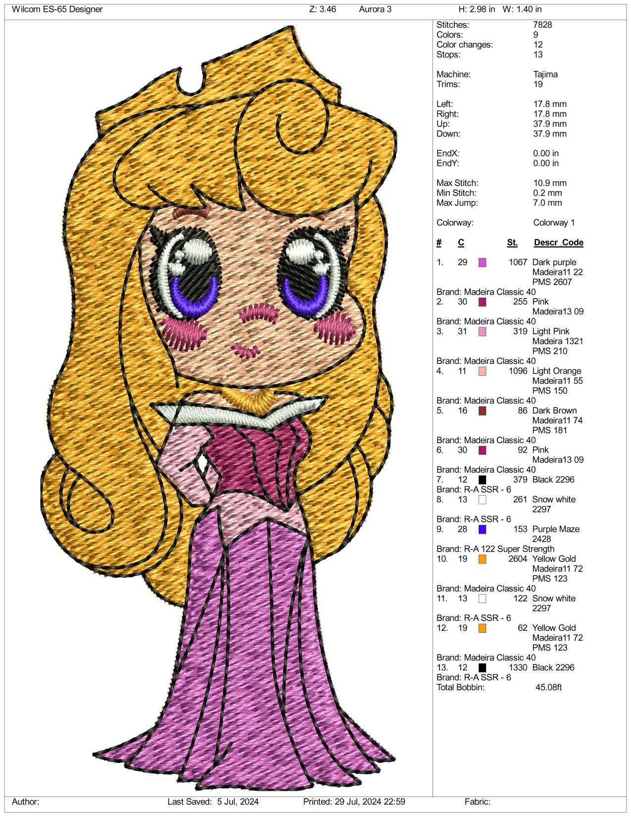 Chibi Aurora Embroidery Design Files - 3 Size's