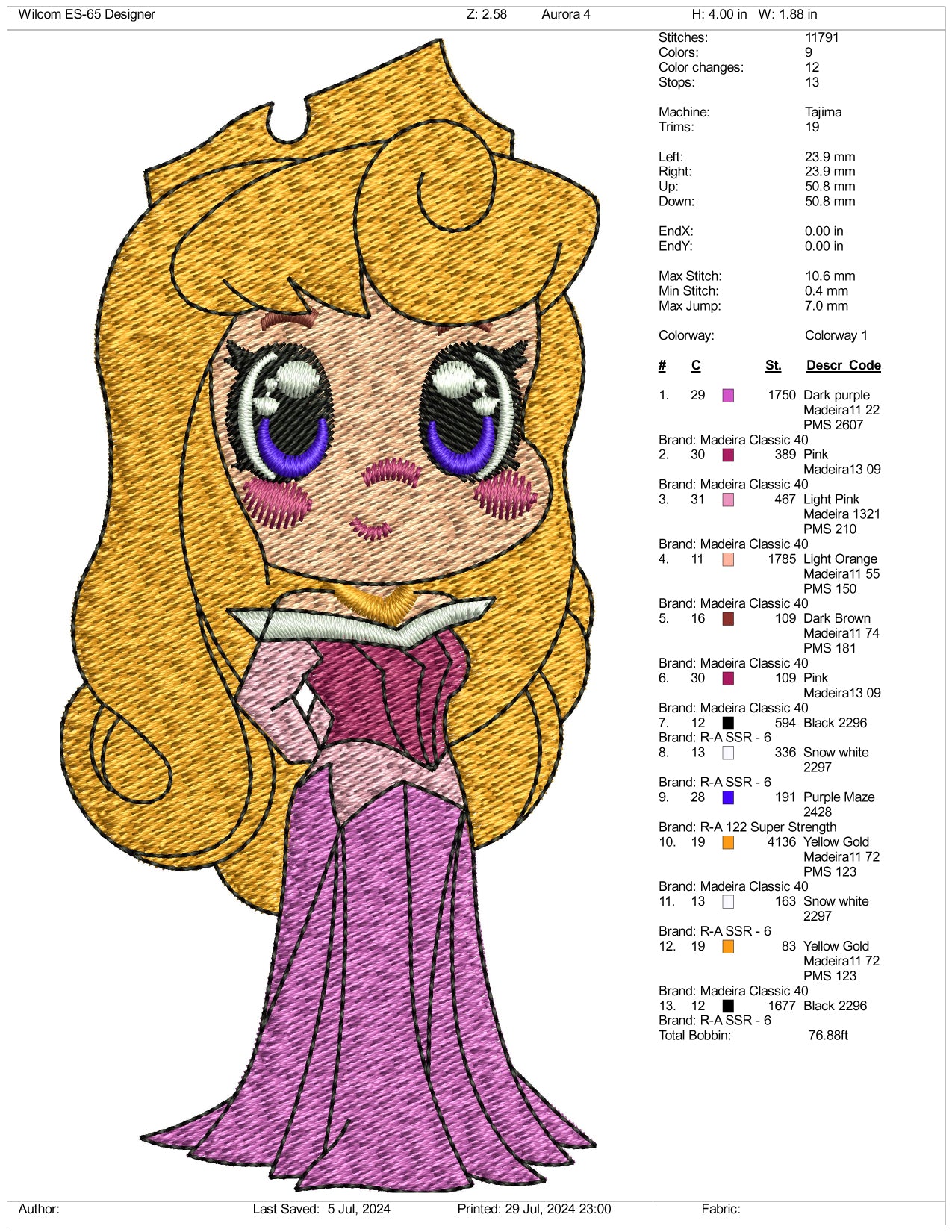 Chibi Aurora Embroidery Design Files - 3 Size's