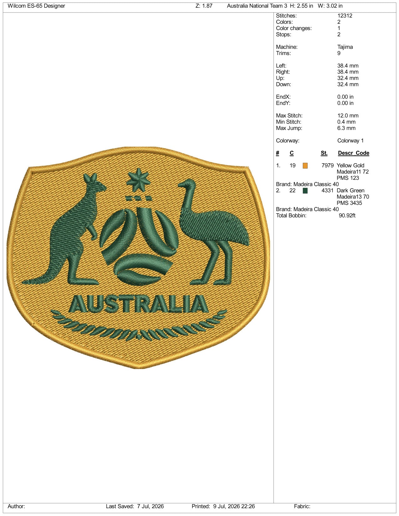 Australia National Football Logo Embroidery Design Files - 3 Size's
