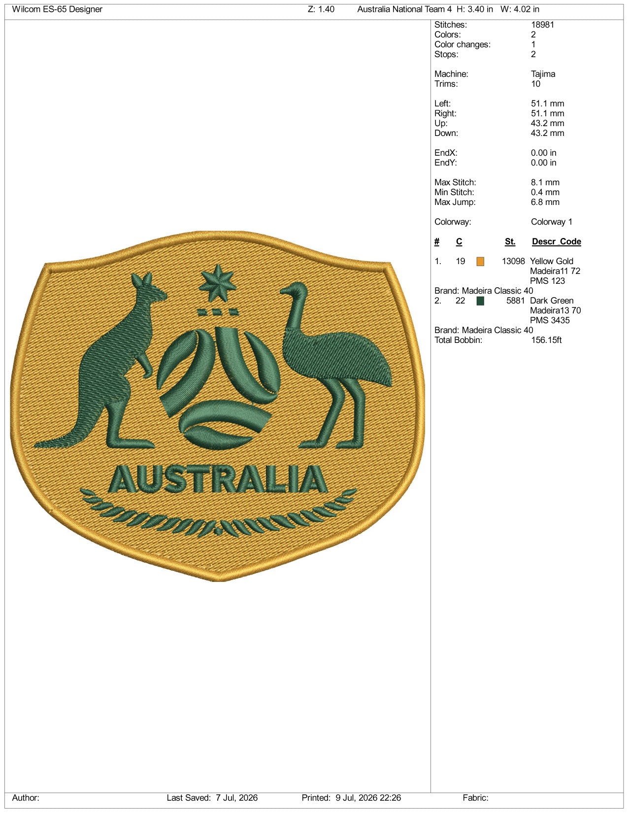 Australia National Football Logo Embroidery Design Files - 3 Size's