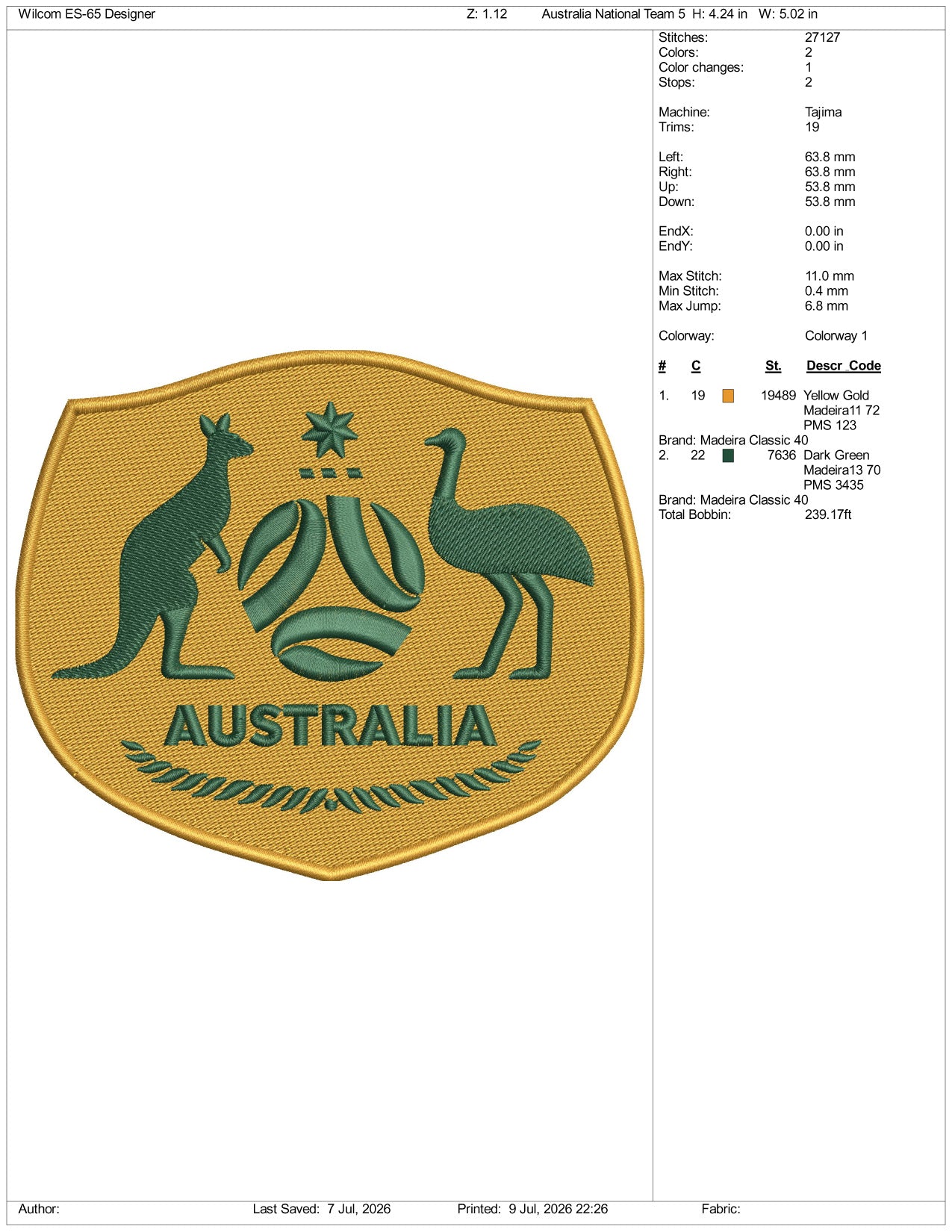 Australia National Football Logo Embroidery Design Files - 3 Size's