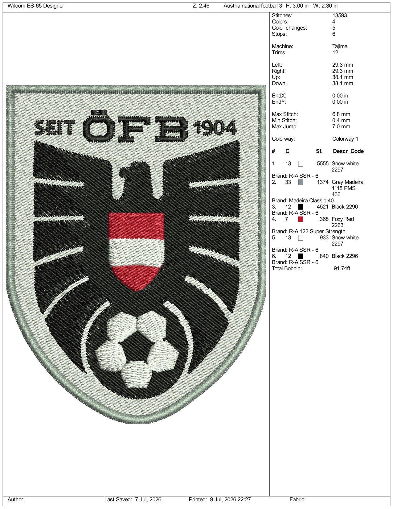 Austria National Football Logo Embroidery Design Files - 3 Size's