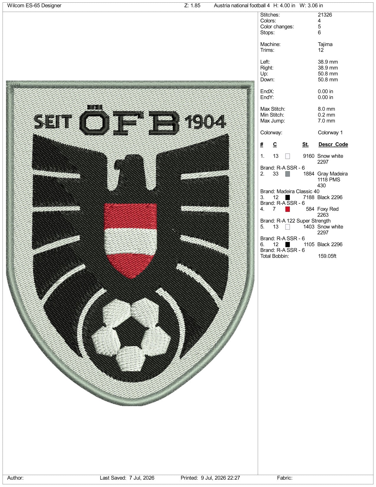 Austria National Football Logo Embroidery Design Files - 3 Size's