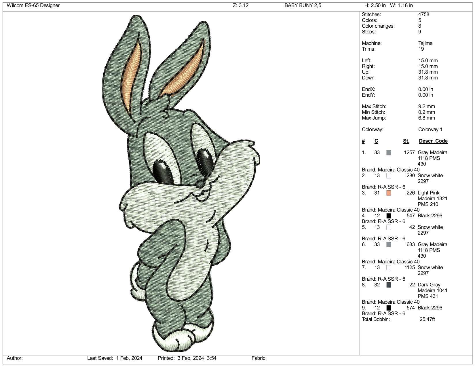 Chibi Bugs Bunny Embroidery Design Files - 3 Size's