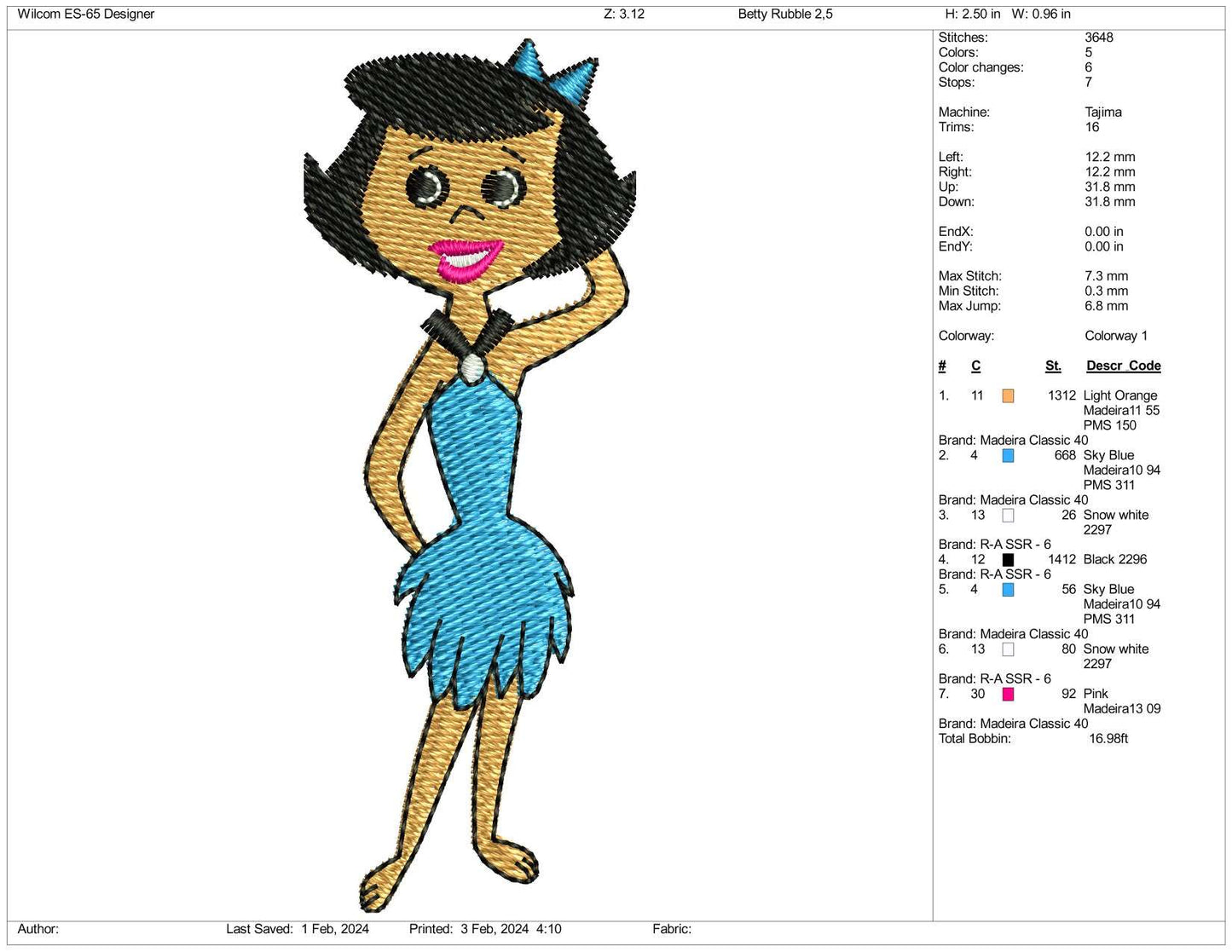 Betty Rubble Embroidery Design Files - 3 Size's