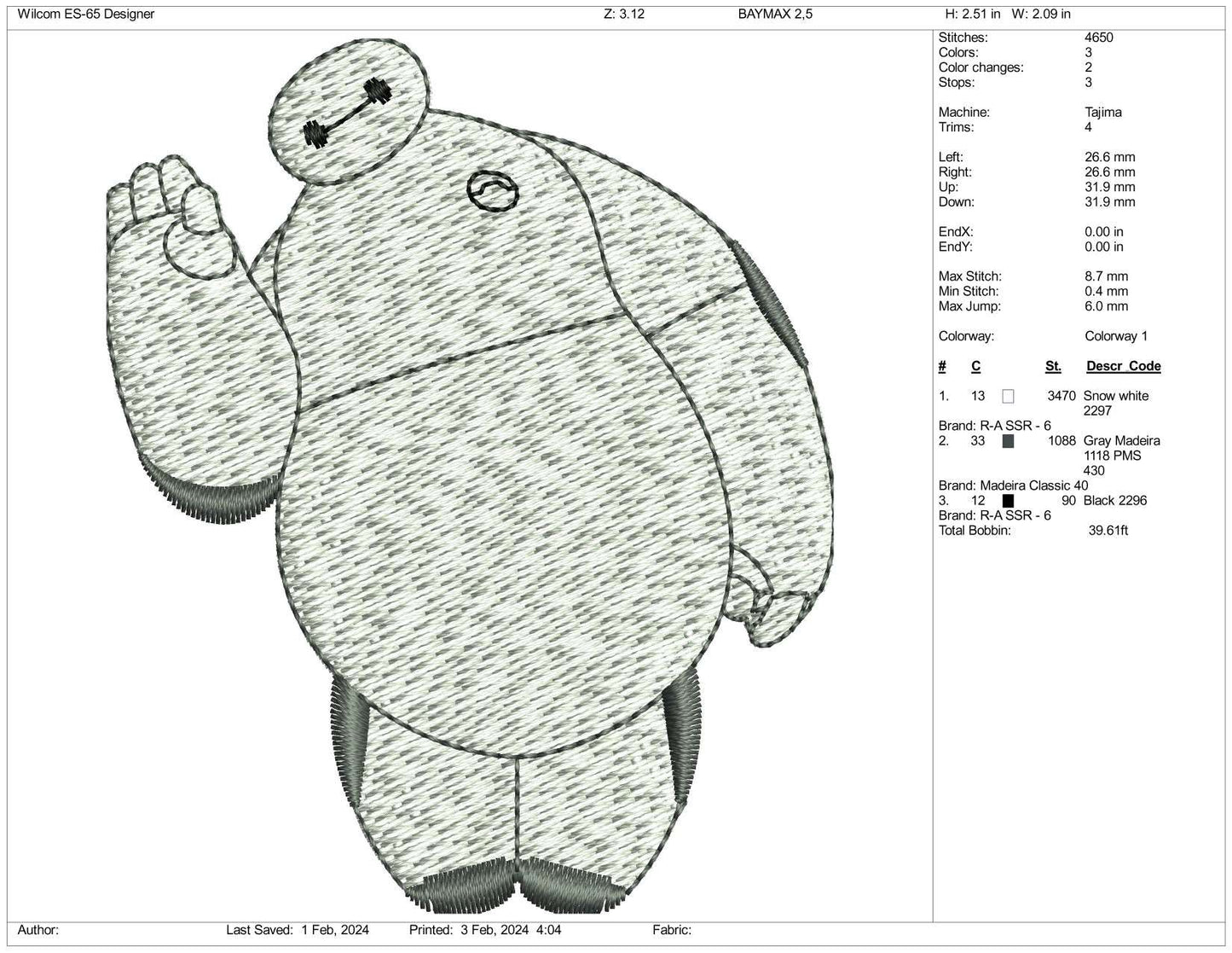 Baymax Embroidery Design Files - 3 Size's