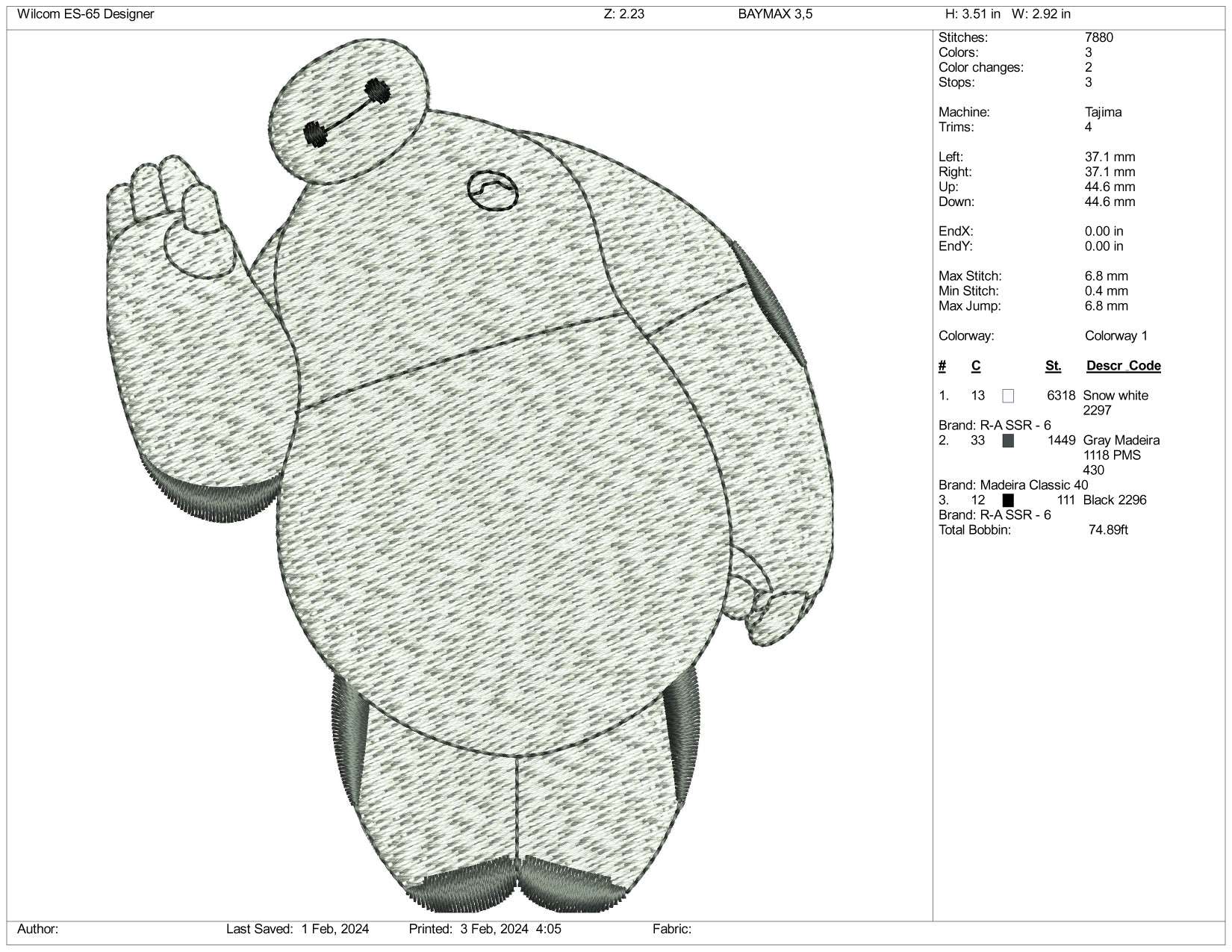 Baymax Embroidery Design Files - 3 Size's