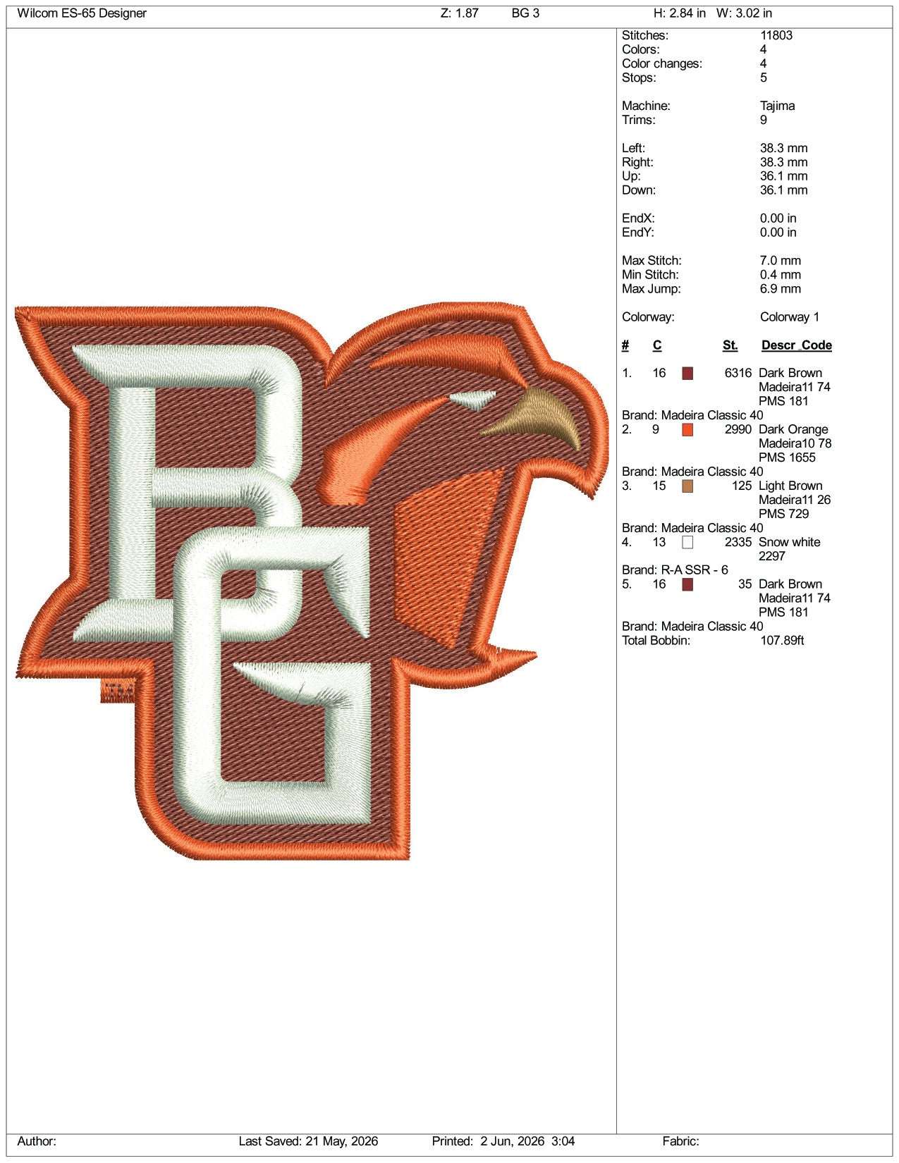 Bowling Green Falcon BG Logo Embroidery Design Files - 3 Size's