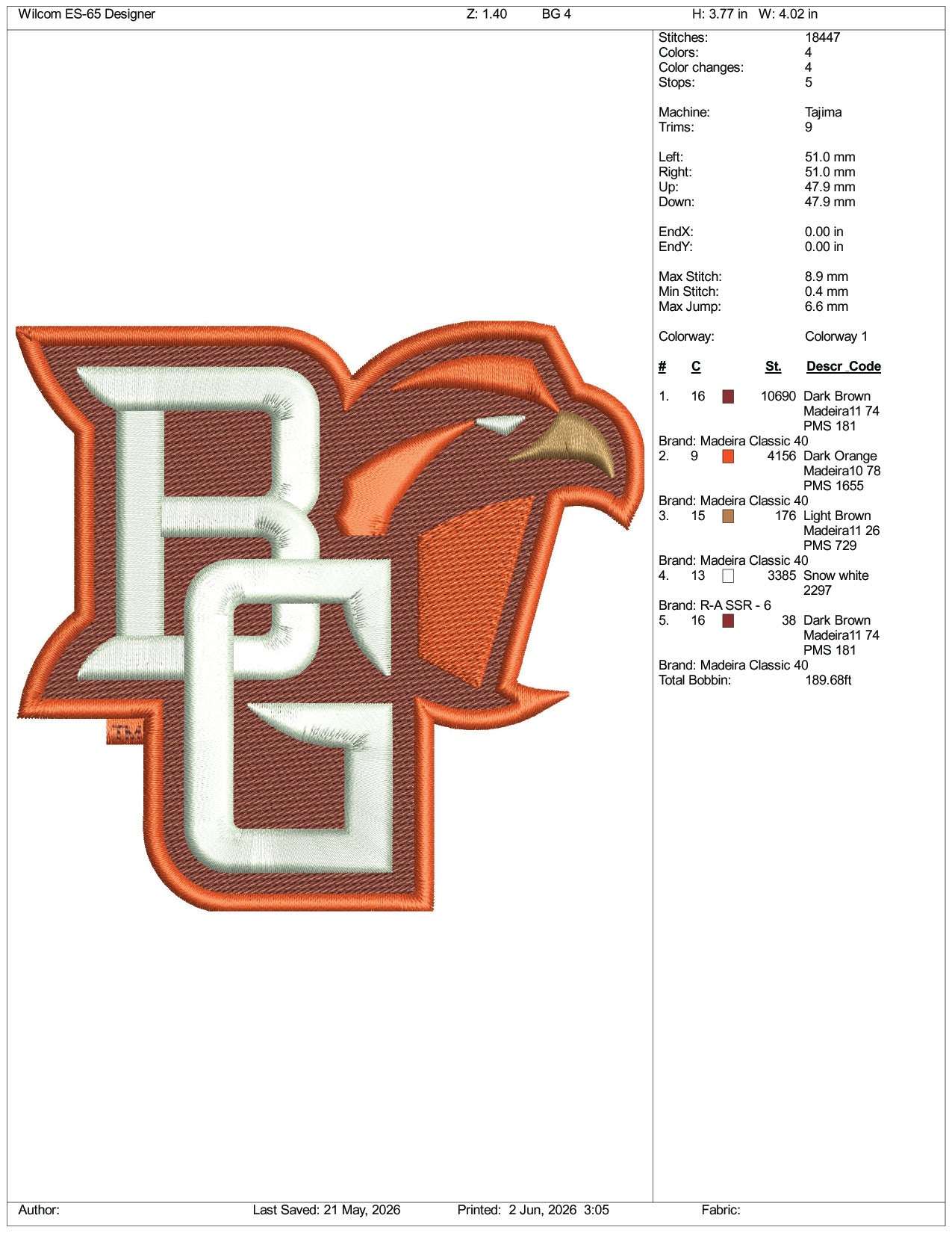 Bowling Green Falcon BG Logo Embroidery Design Files - 3 Size's