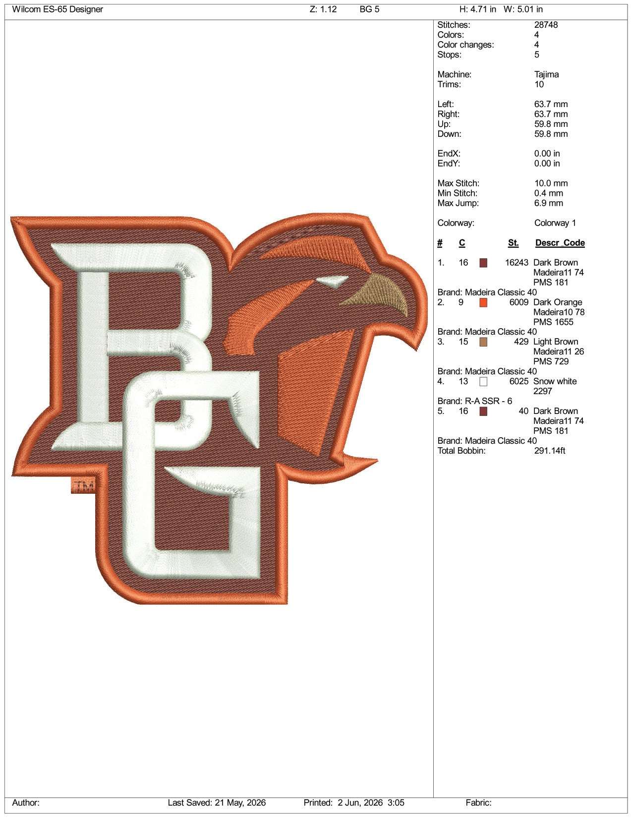 Bowling Green Falcon BG Logo Embroidery Design Files - 3 Size's