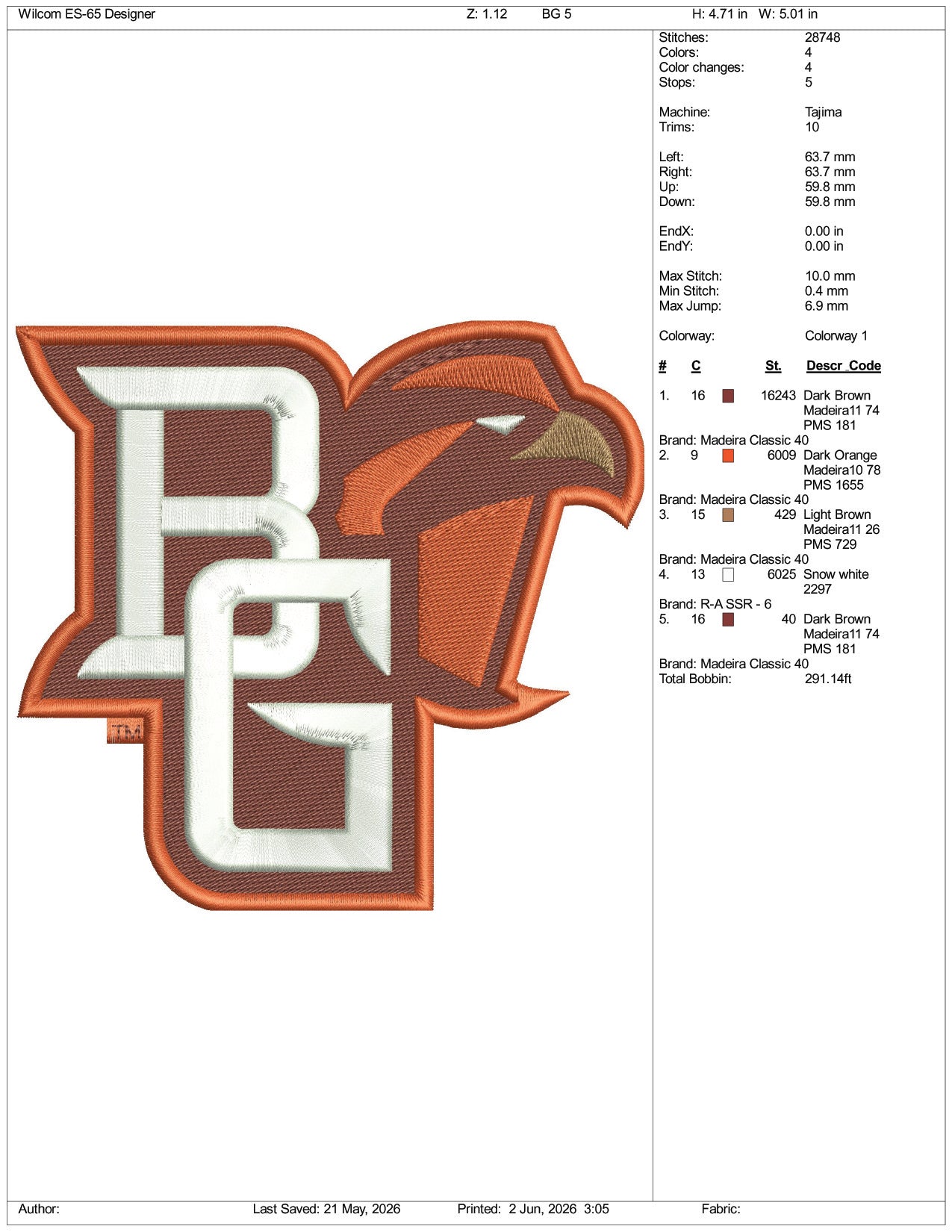Bowling Green Falcon BG Logo Embroidery Design Files - 3 Size's