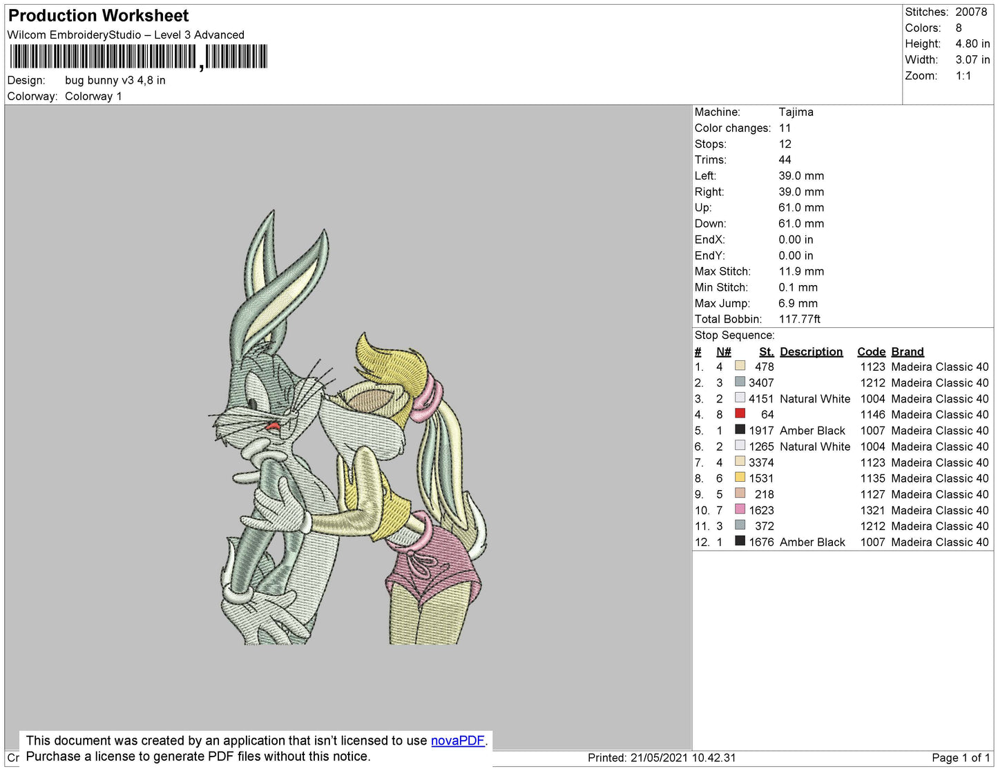 Lola Kiss Bugs Bunny Embroidery Design Files - 4 Size's