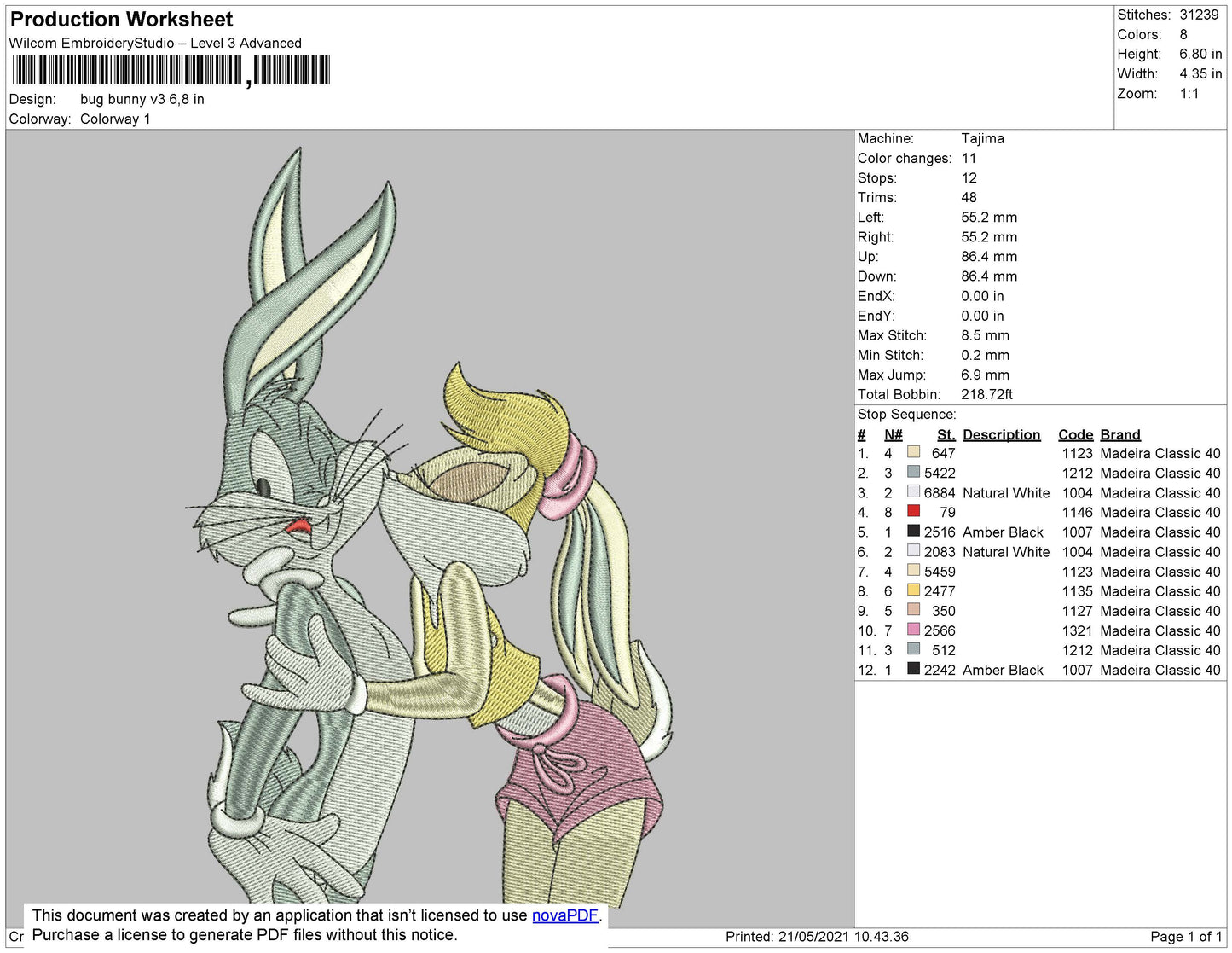 Lola Kiss Bugs Bunny Embroidery Design Files - 4 Size's