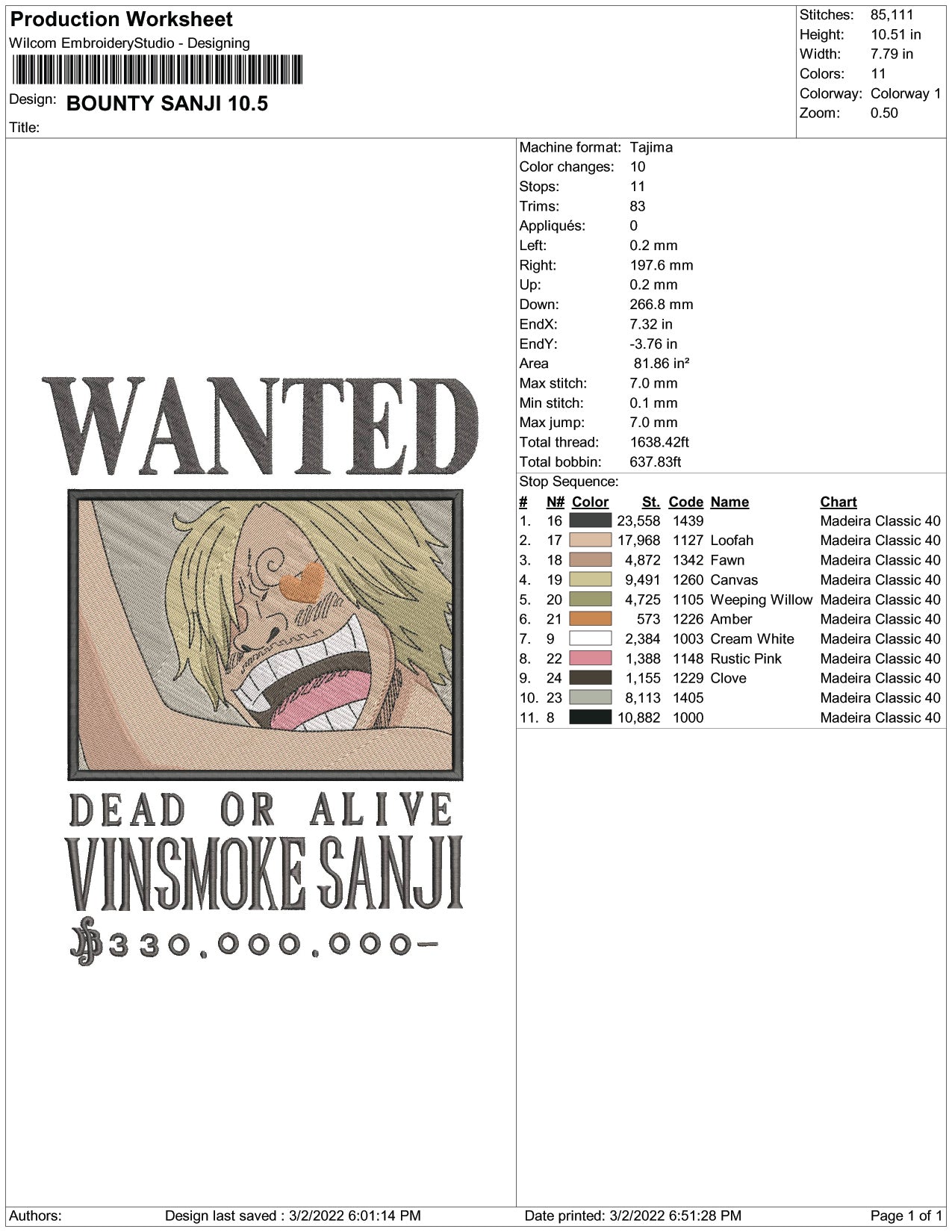 Wanted Vinsmoke Sanji Embroidery Design Files - 6 Size's
