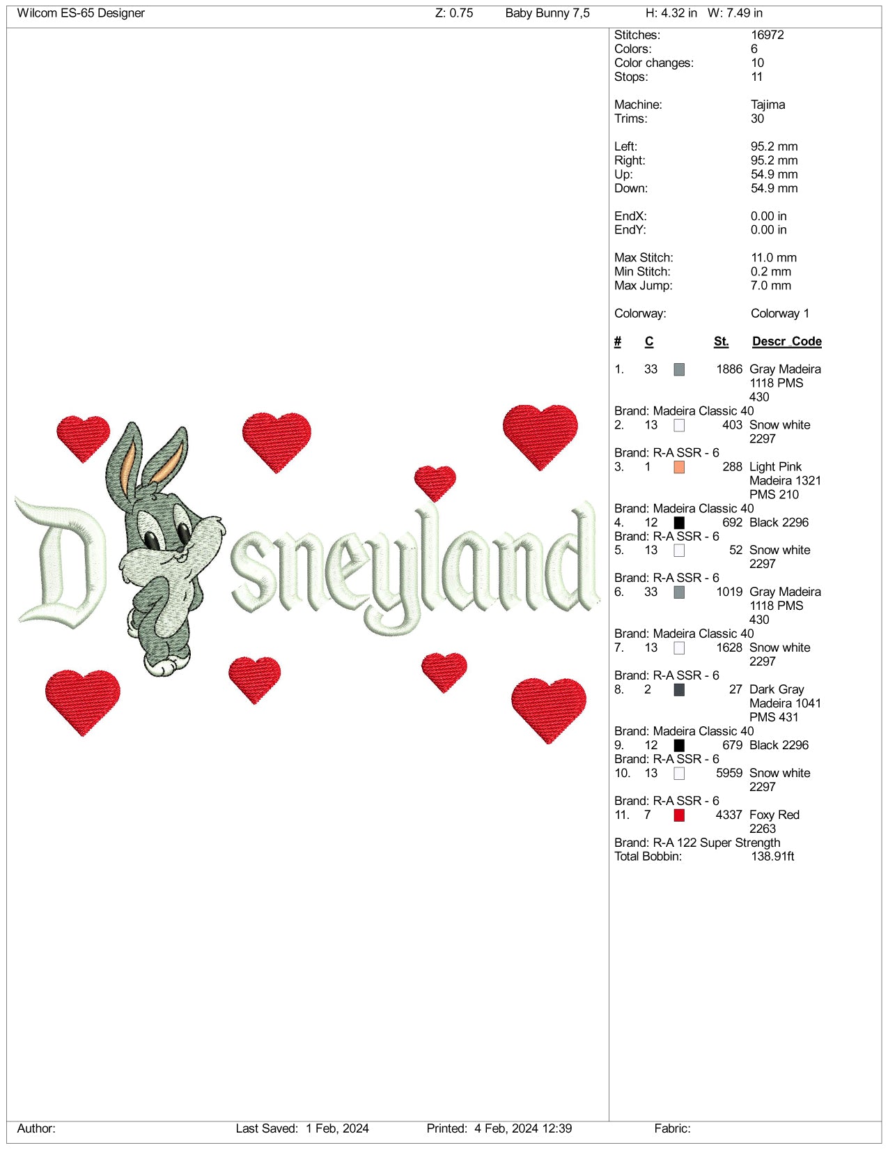 Chibi Bugs Bunny Disneyland Embroidery Design Files - 3 Size's