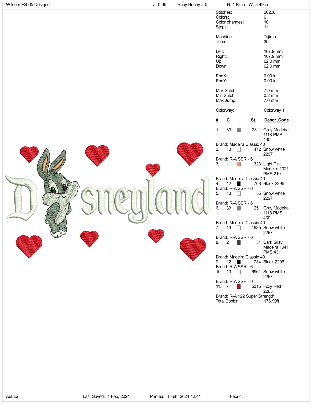 Chibi Bugs Bunny Disneyland Embroidery Design Files - 3 Size's