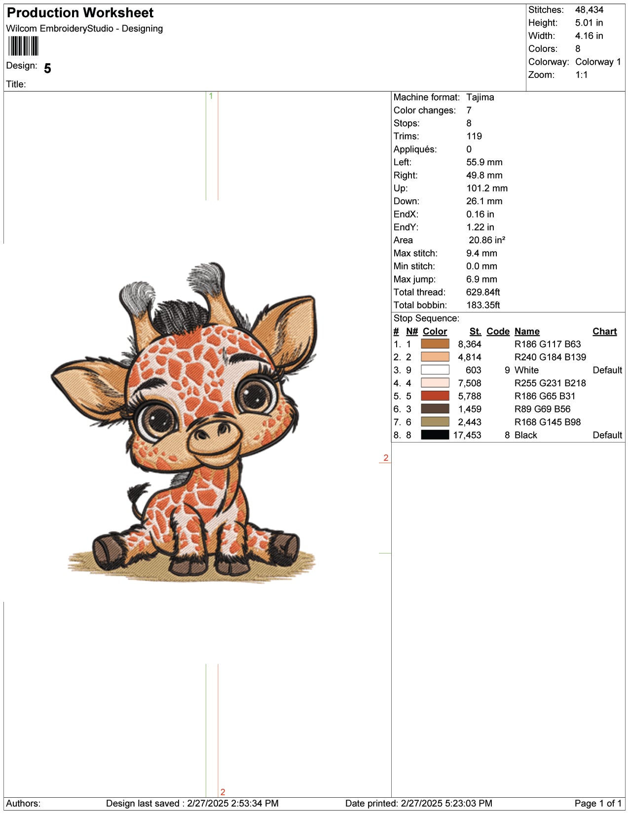 Baby Giraffe Embroidery Design Files - 9 Size's