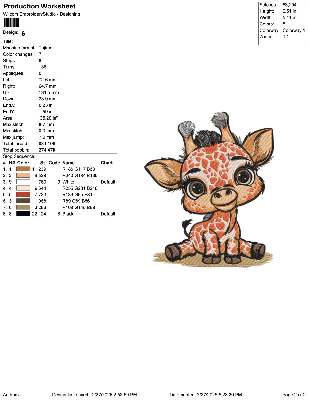 Baby Giraffe Embroidery Design Files - 9 Size's