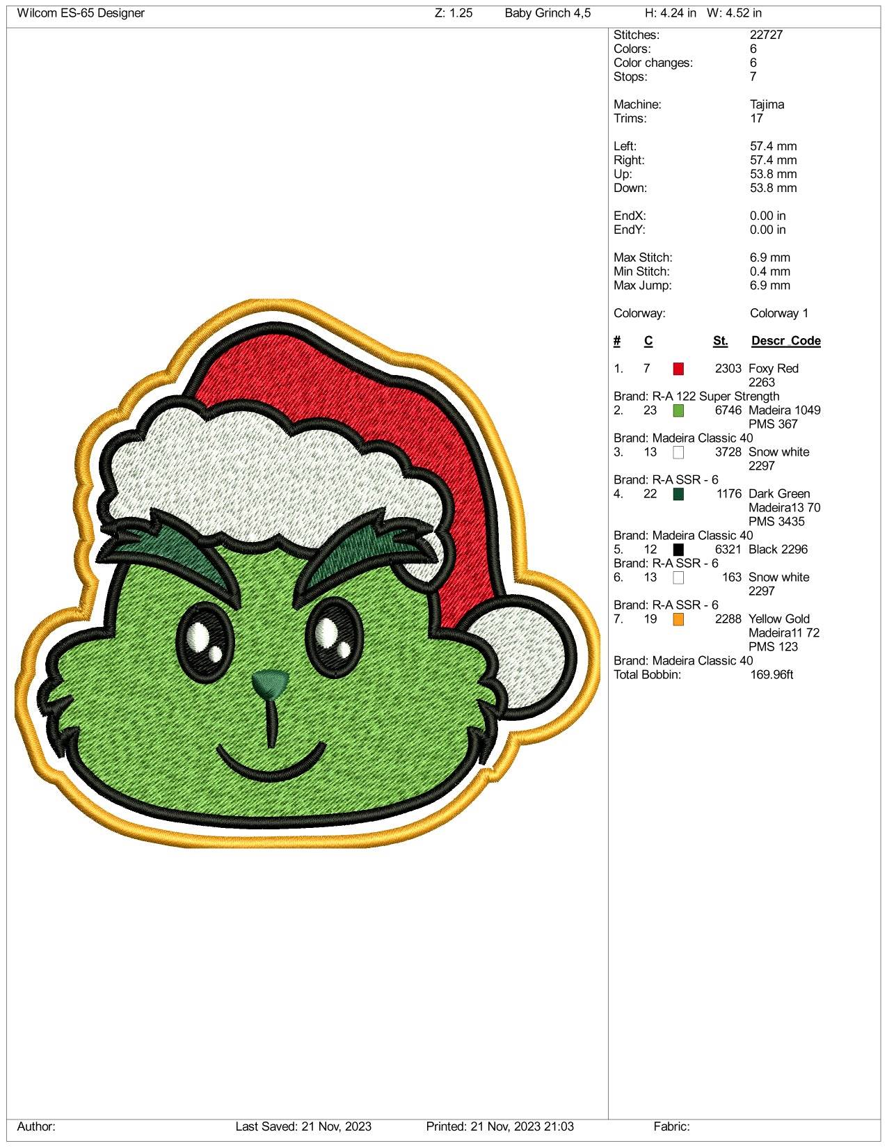 Baby Grinch v2 Embroidery Design Files - 3 Size's