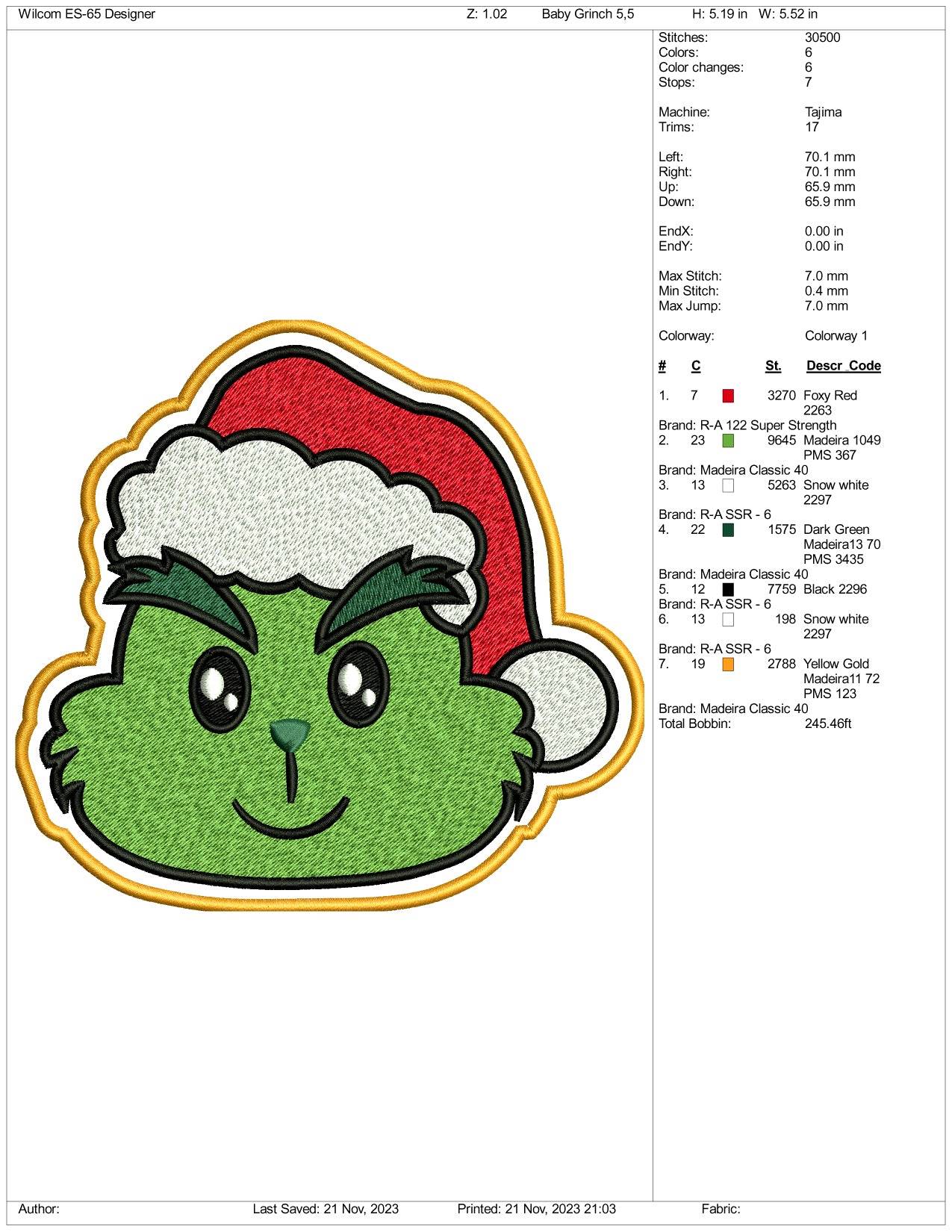 Baby Grinch v2 Embroidery Design Files - 3 Size's