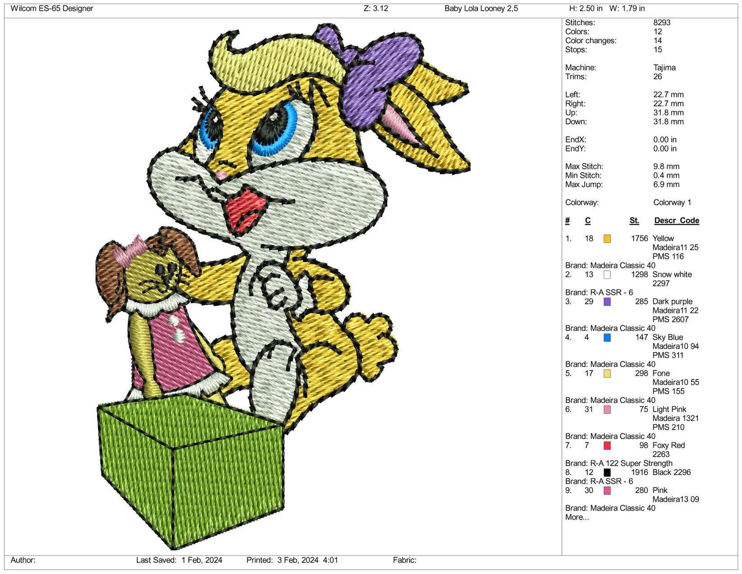 Chibi Lola Bunny Embroidery Design Files - 3 Size's