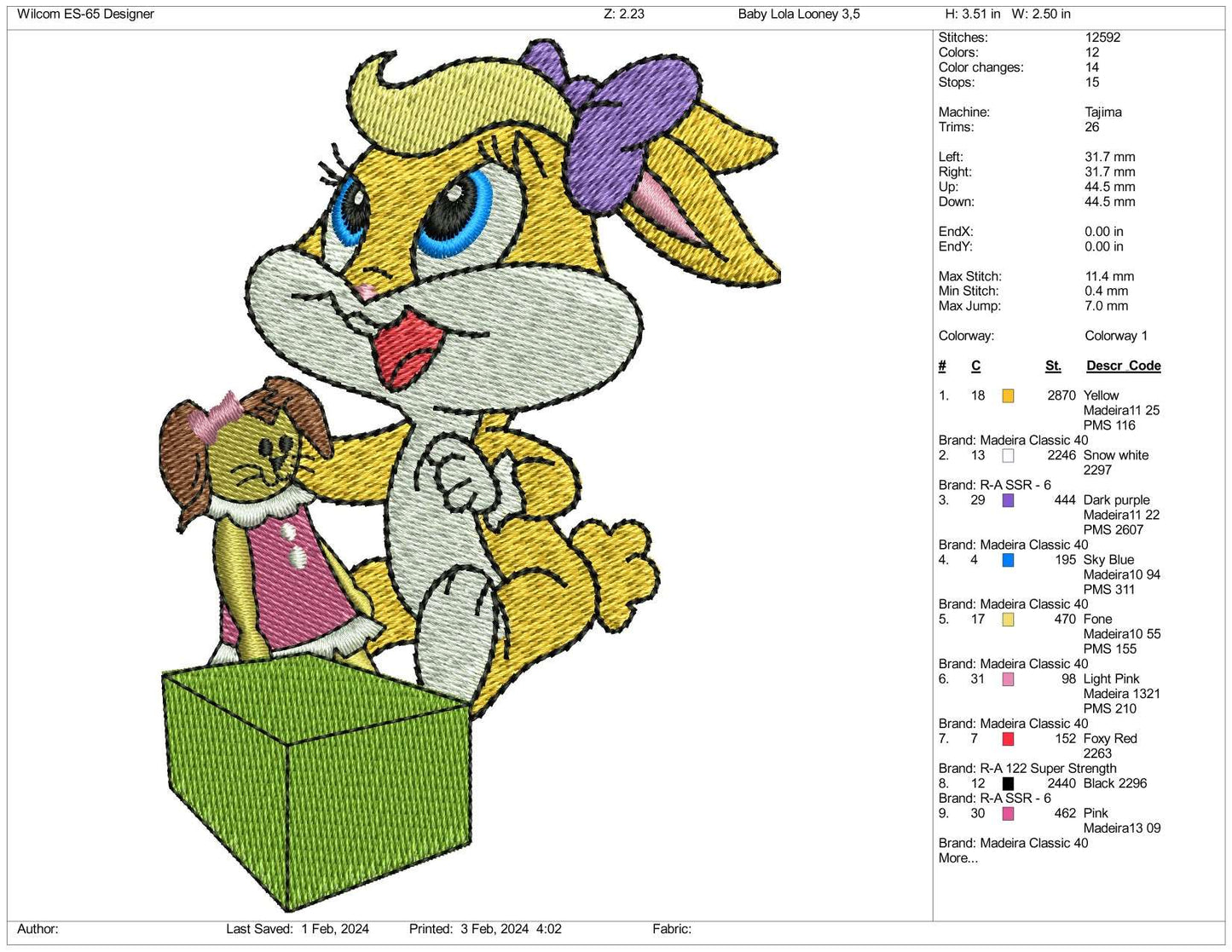 Chibi Lola Bunny Embroidery Design Files - 3 Size's