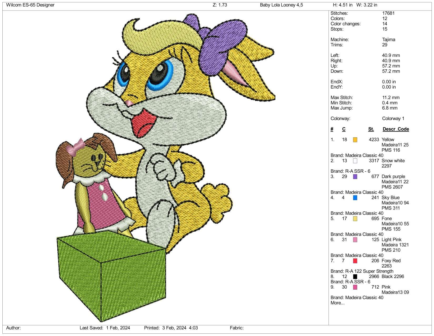 Chibi Lola Bunny Embroidery Design Files - 3 Size's