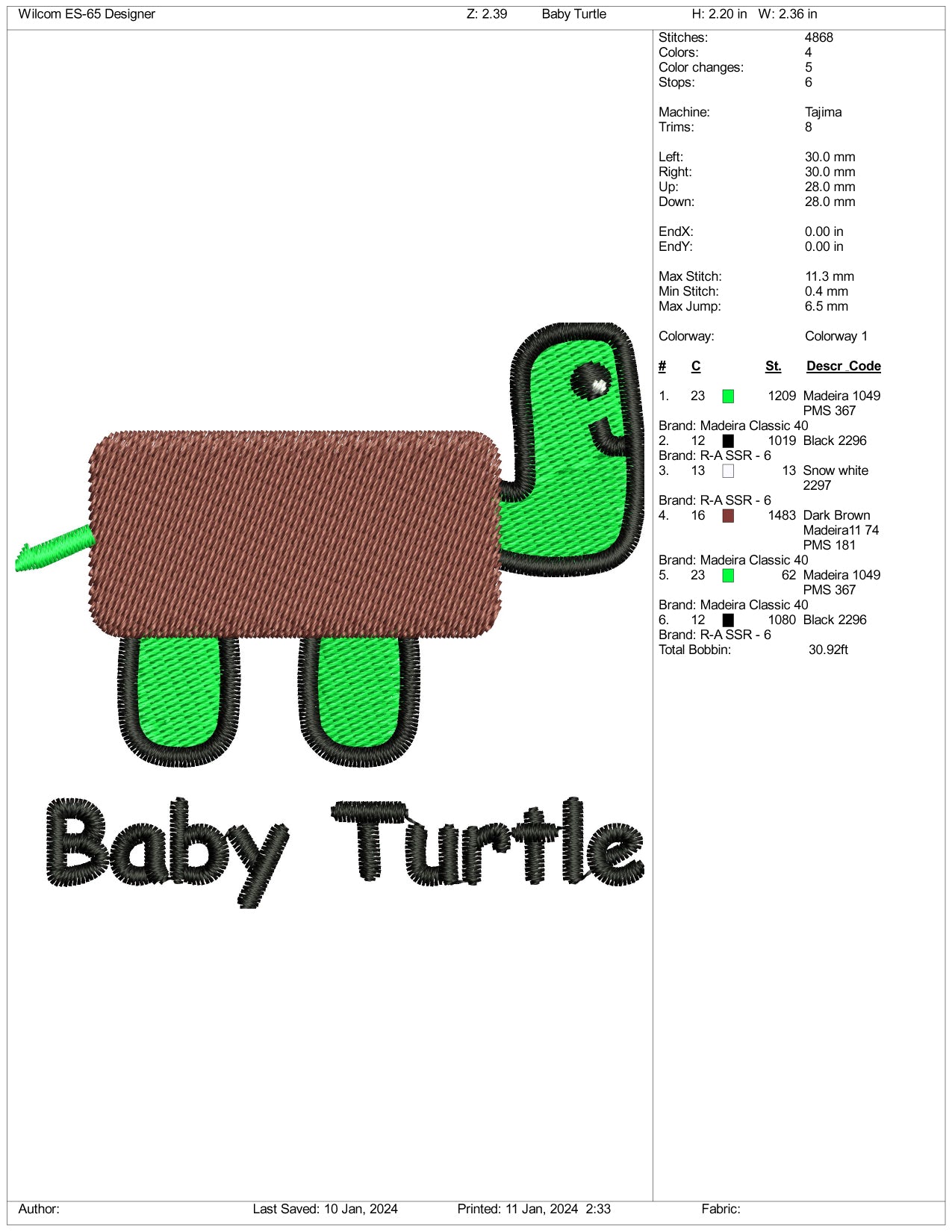 Baby Turtle Embroidery Design Files - 3 Size's