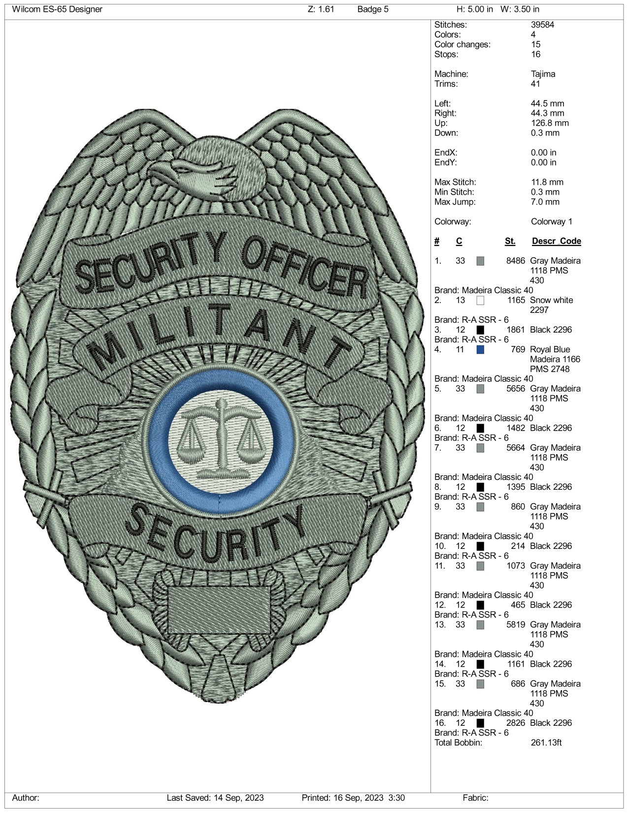 Security Officer Militant Badge Embroidery Design Files - 3 Size's
