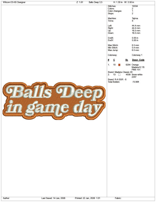 Balls Deep In Game Day Embroidery Design Files - 3 Size's