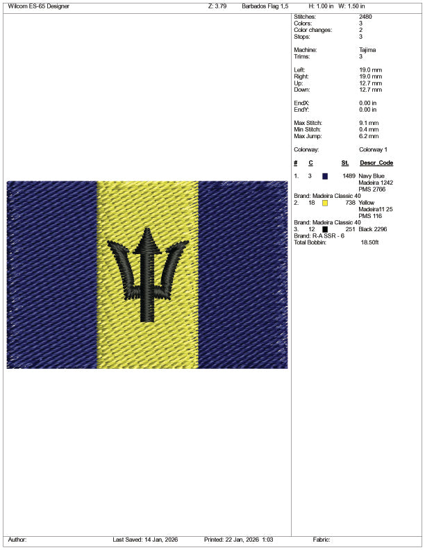 Barbados Flag Embroidery Design Files - 3 Size's