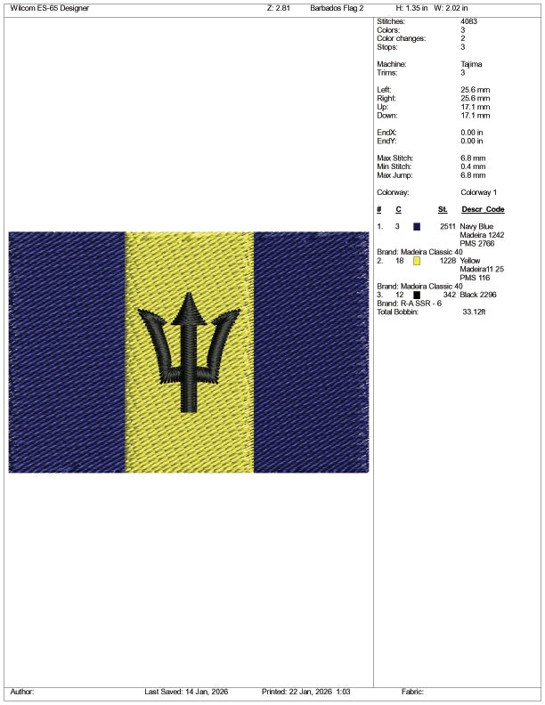 Barbados Flag Embroidery Design Files - 3 Size's