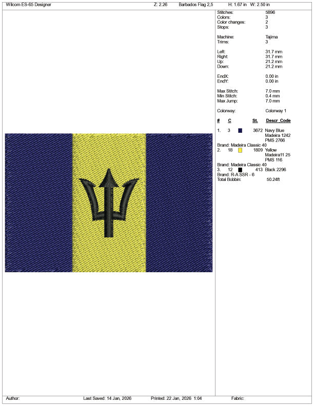 Barbados Flag Embroidery Design Files - 3 Size's