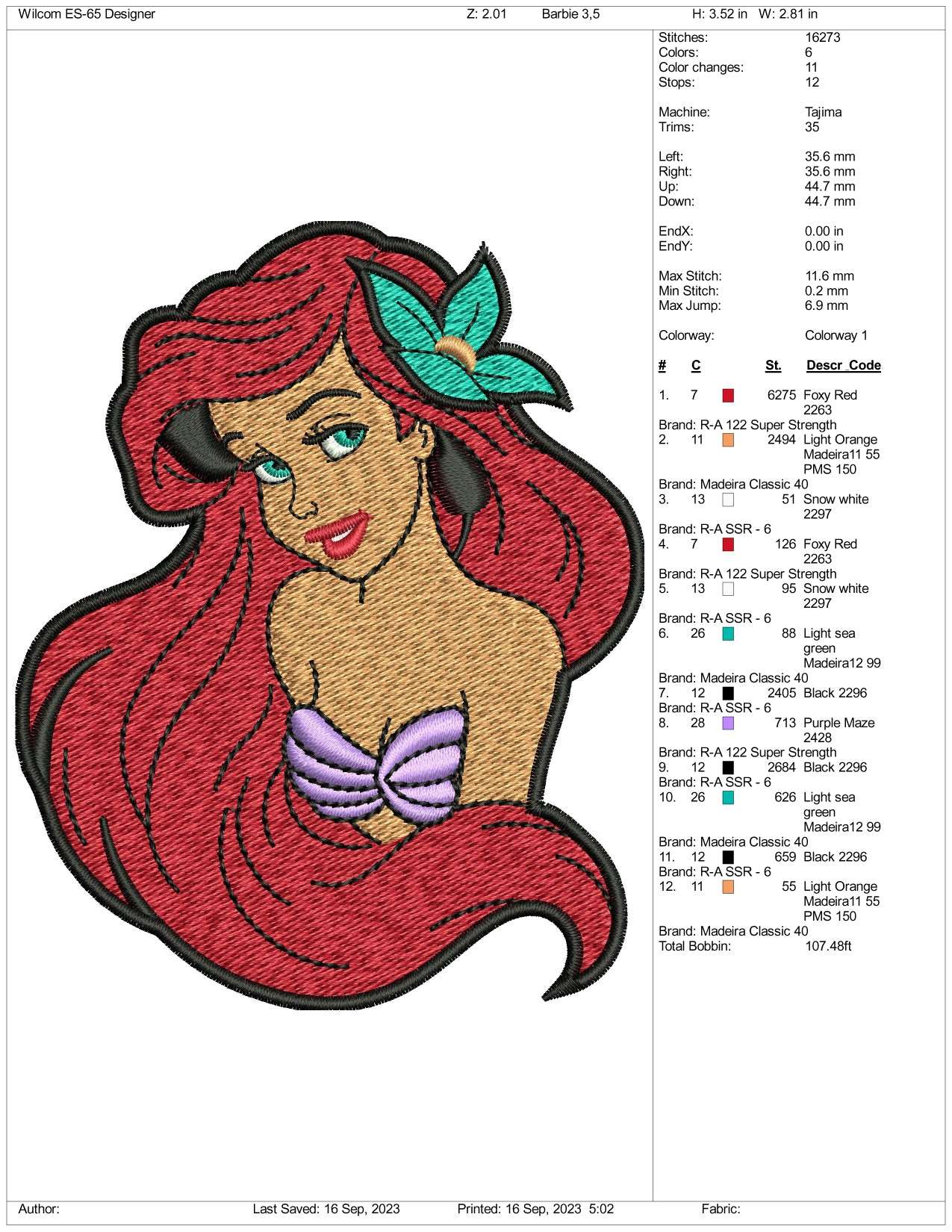 Ariel Embroidery Design Files - 3 Size's