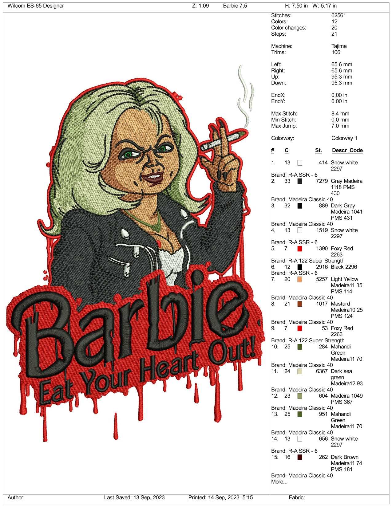 Bride Of Chucky Barbie Embroidery Design Files - 3 Size's