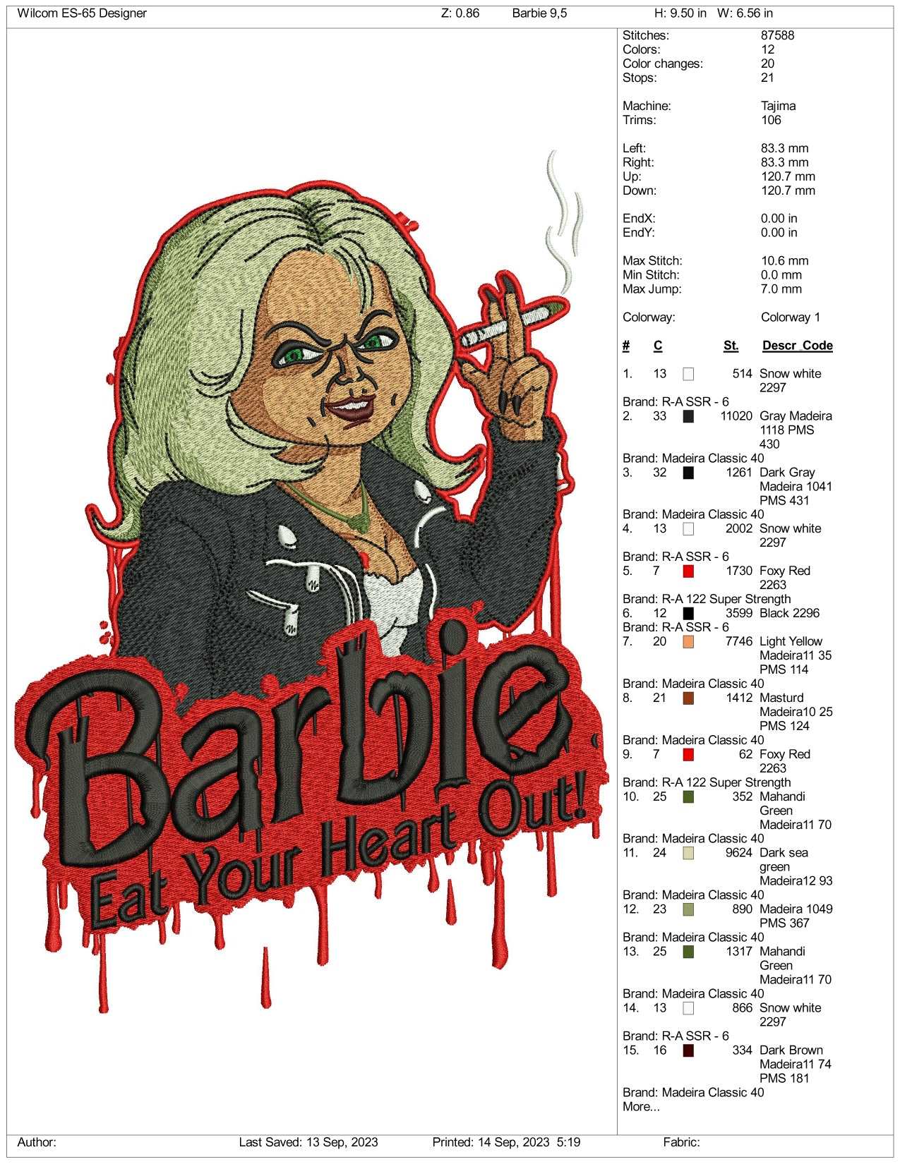 Bride Of Chucky Barbie Embroidery Design Files - 3 Size's