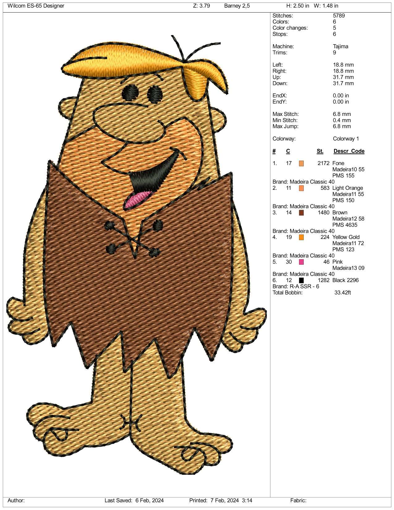 Barney Rubble Embroidery Design Files - 3 Size's