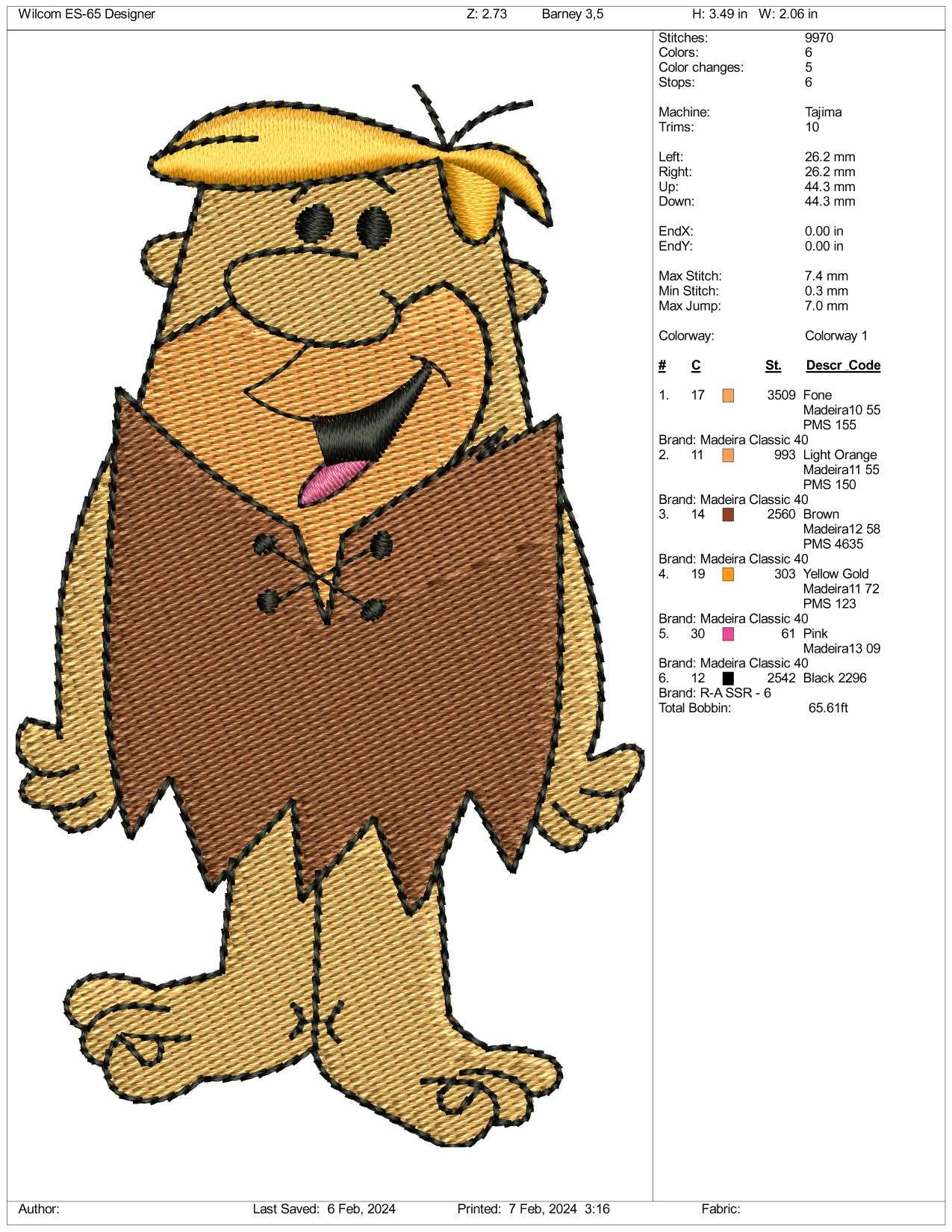 Barney Rubble Embroidery Design Files - 3 Size's