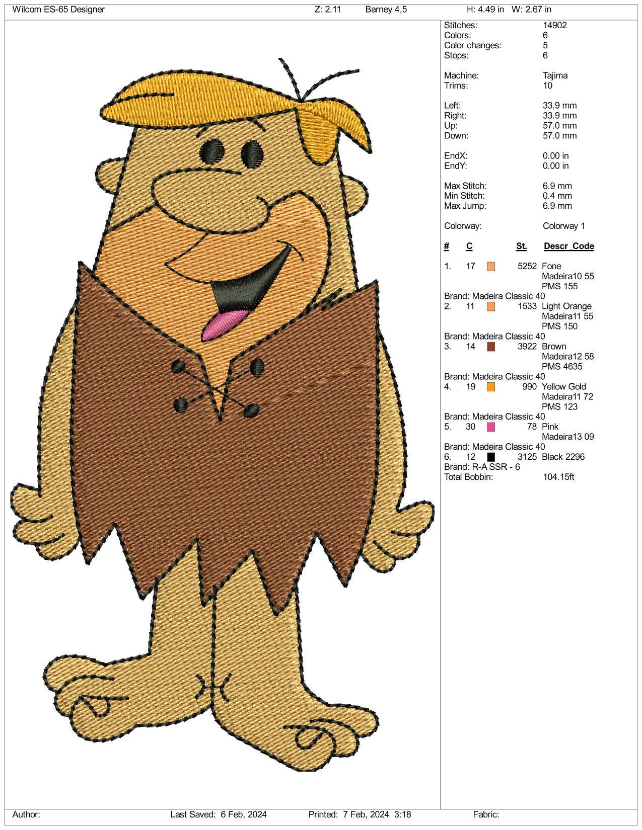 Barney Rubble Embroidery Design Files - 3 Size's