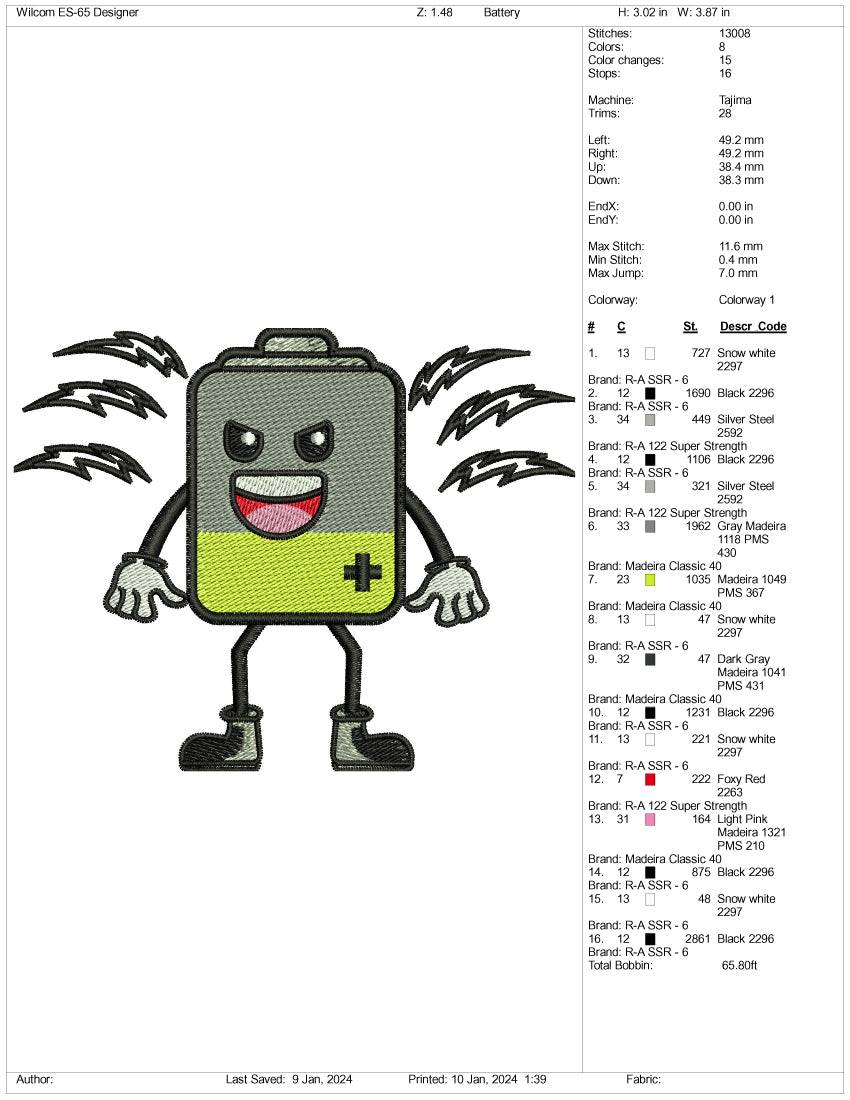 Angry Battery Embroidery Design Files - 3 Size's