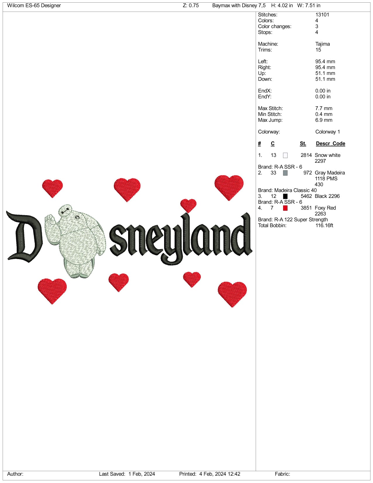 Baymax Disneyland Embroidery Design Files - 3 Size's