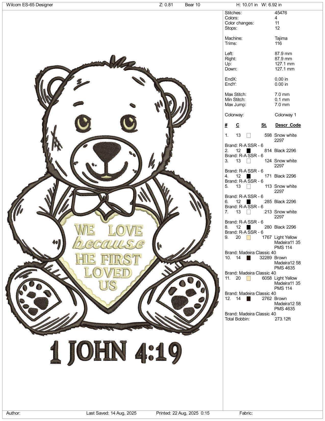 1 John 4:19 Bear Applique Embroidery Design Files - 4 Size's