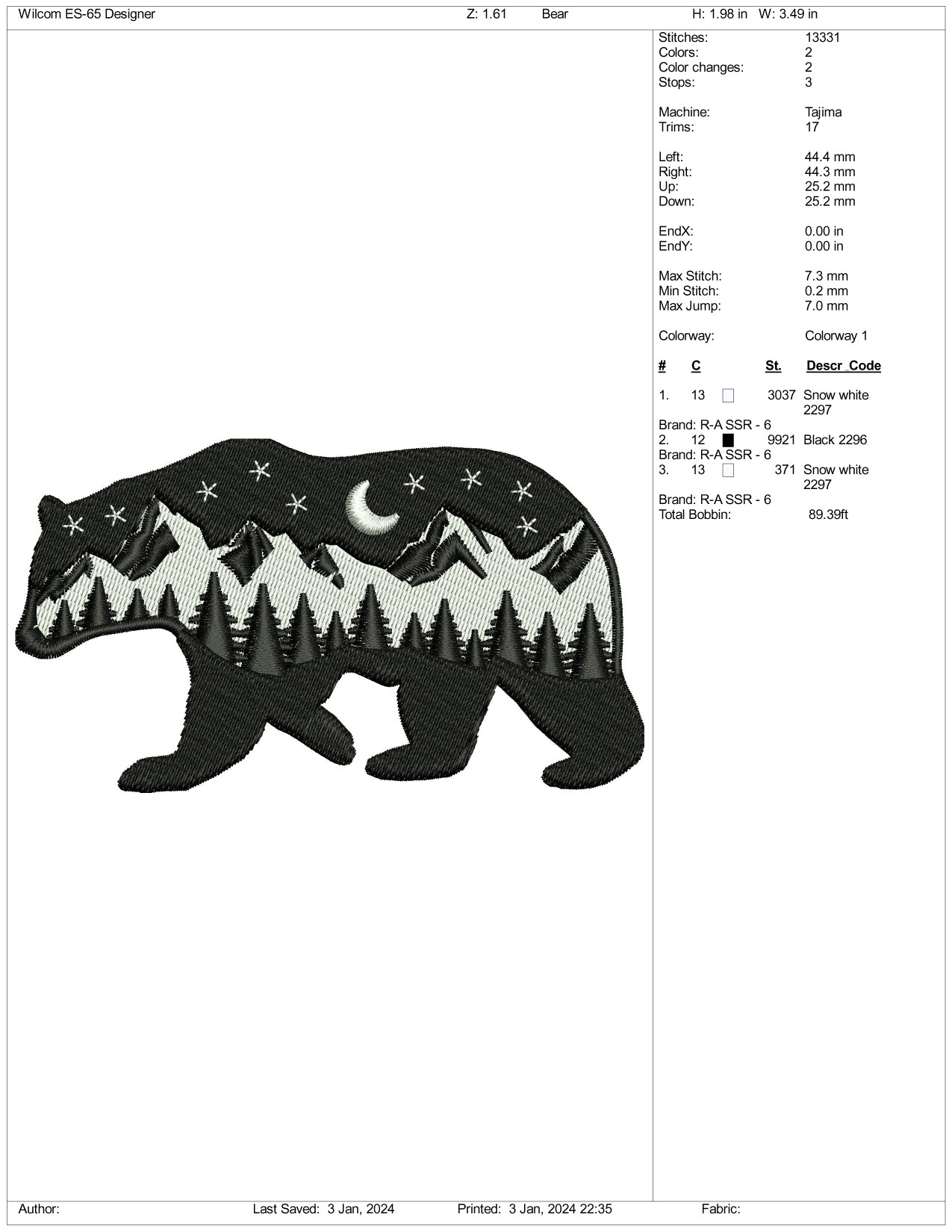 Night Bear Embroidery Design Files - 3 Size's