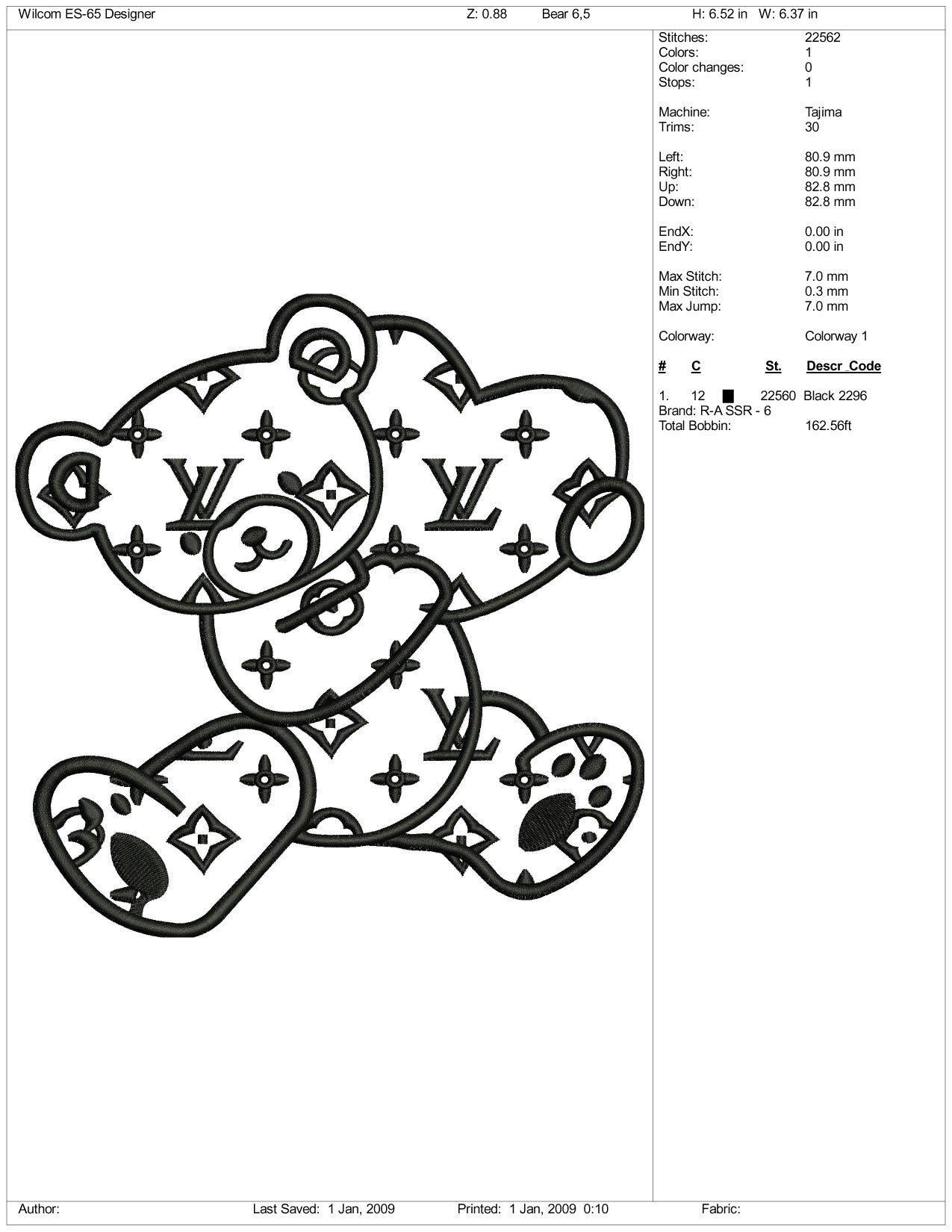 LV Bear Line Art Embroidery Design Files - 3 Size's