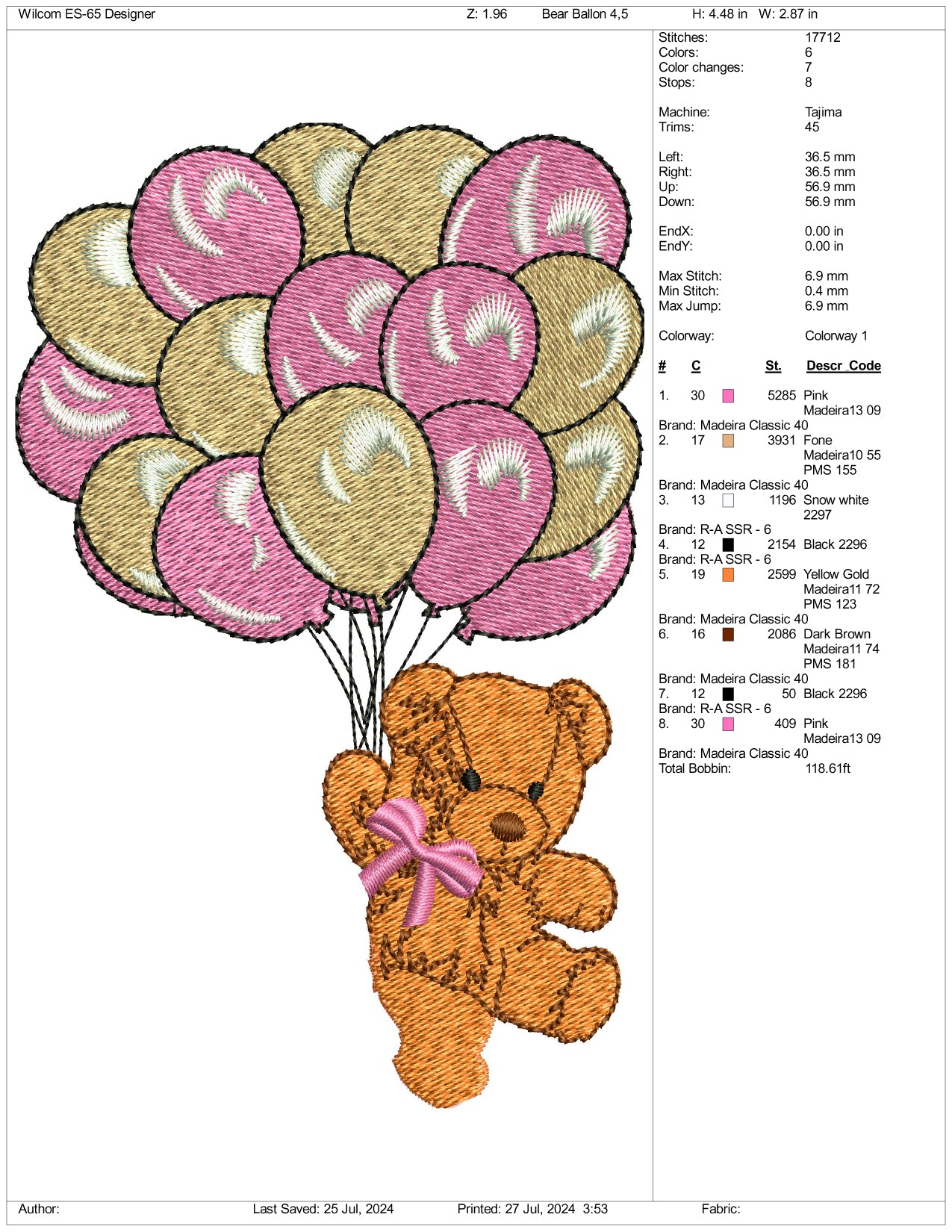 Cute Balloon Bear Embroidery Design Files - 3 Size's