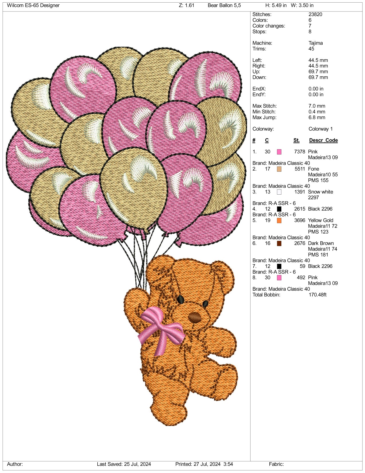 Cute Balloon Bear Embroidery Design Files - 3 Size's